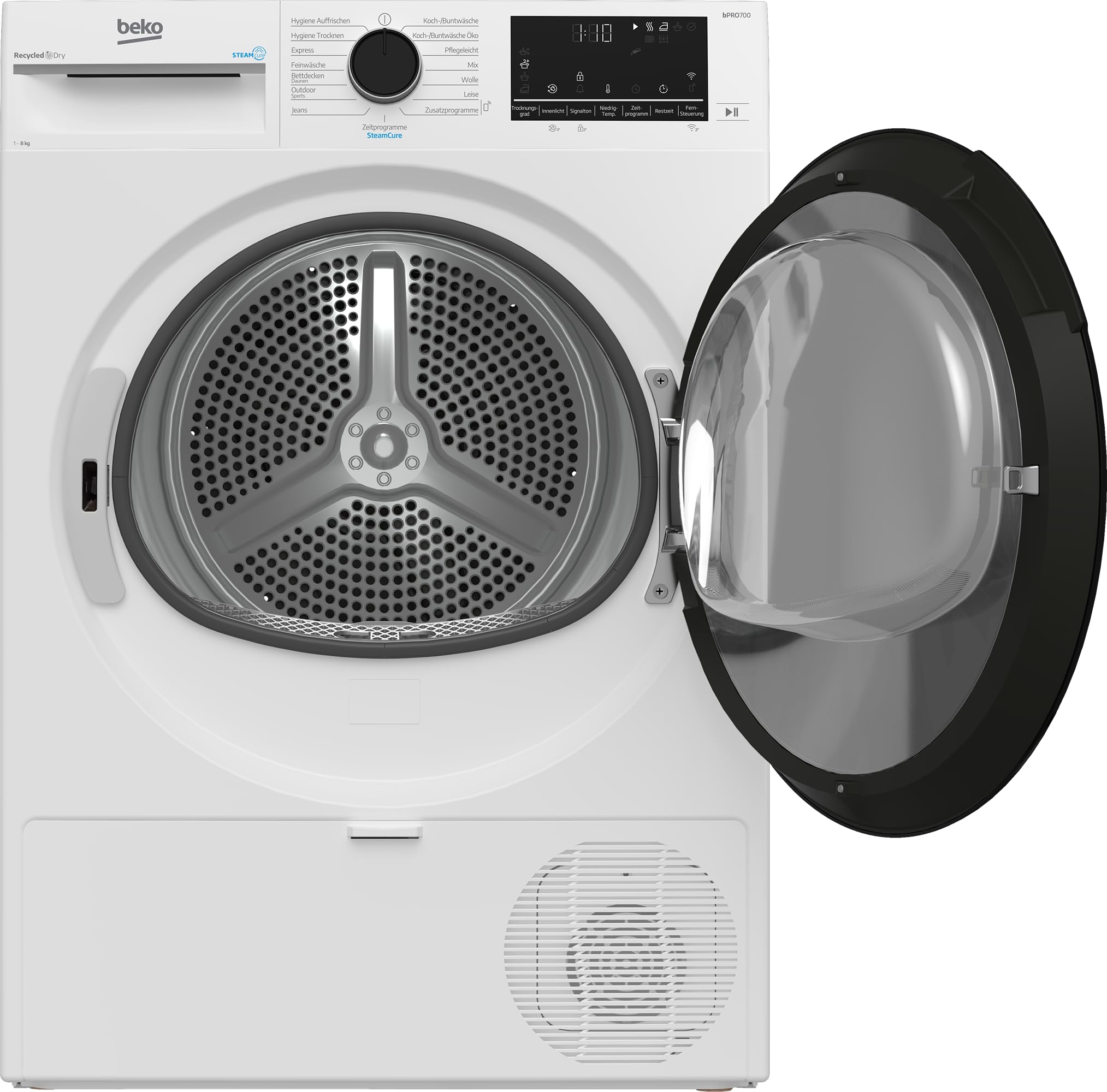Beko B7TDT8820A Wäschetrockner, 8 kg, Frontlader Wärmepumpentrockner, 15 Programme, HomeWhiz, SteamCure, Sensortrocknung, Leise-Programm, Aquawave Schontrommel, Säulenfähig, Weiß