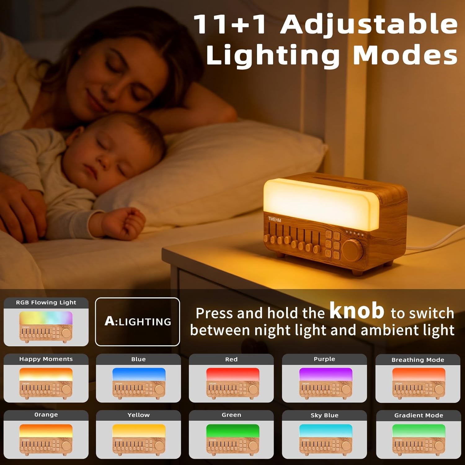 TMEHM 4-in-1 Sleep Sound Machine with White Noise & 8 Nature Sounds, Bluetooth Speaker, Night Light & Aroma Diffuser with Timer for Baby, Kids and Adults (Wood Grain Finish)