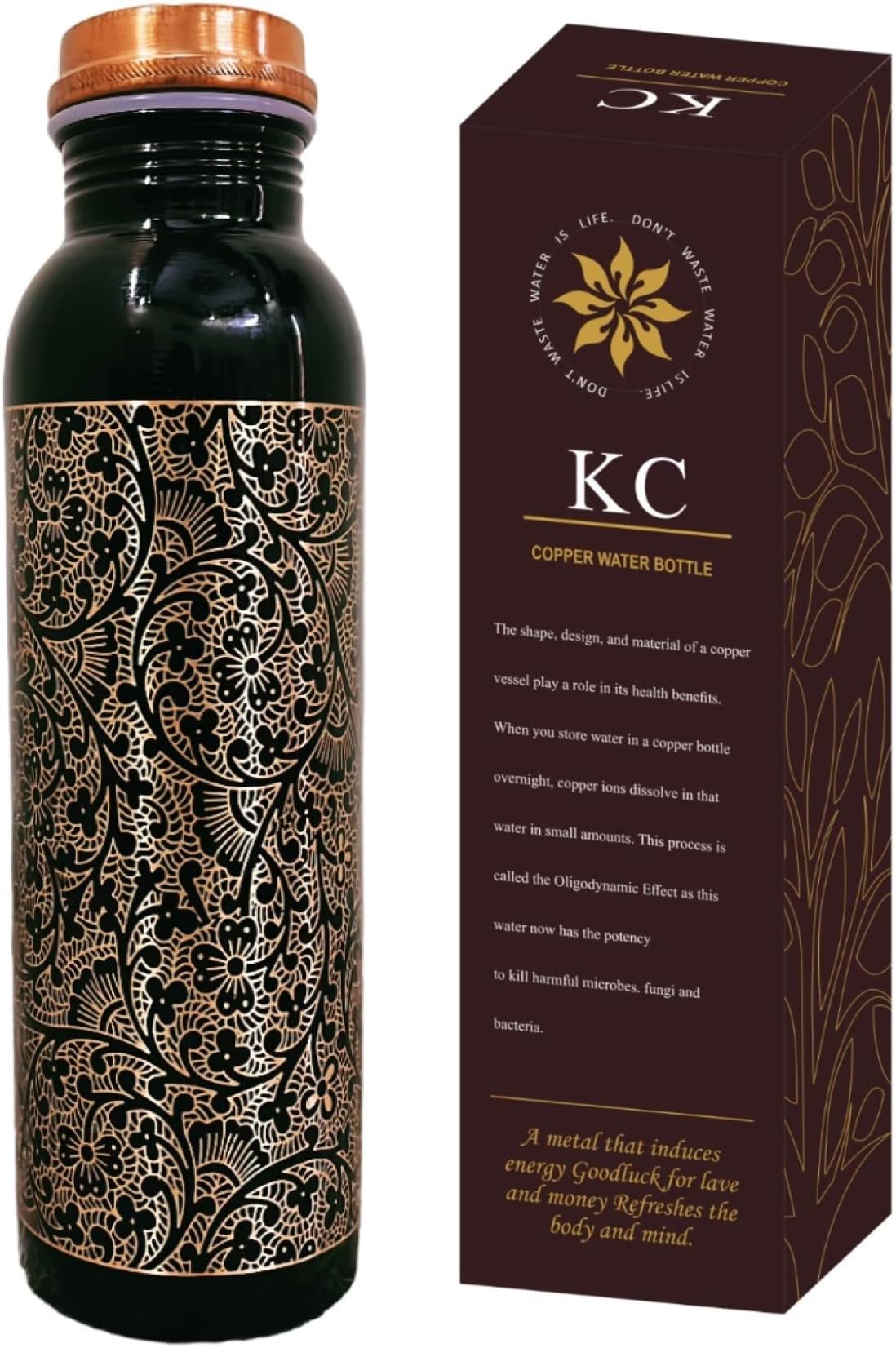 KC Pure Copper Designer Water Bottle with Advanced Leak Proof Protection, Ayurveda and Yoga Health Benefits. (1000ml, 1Unit) With Antique Look