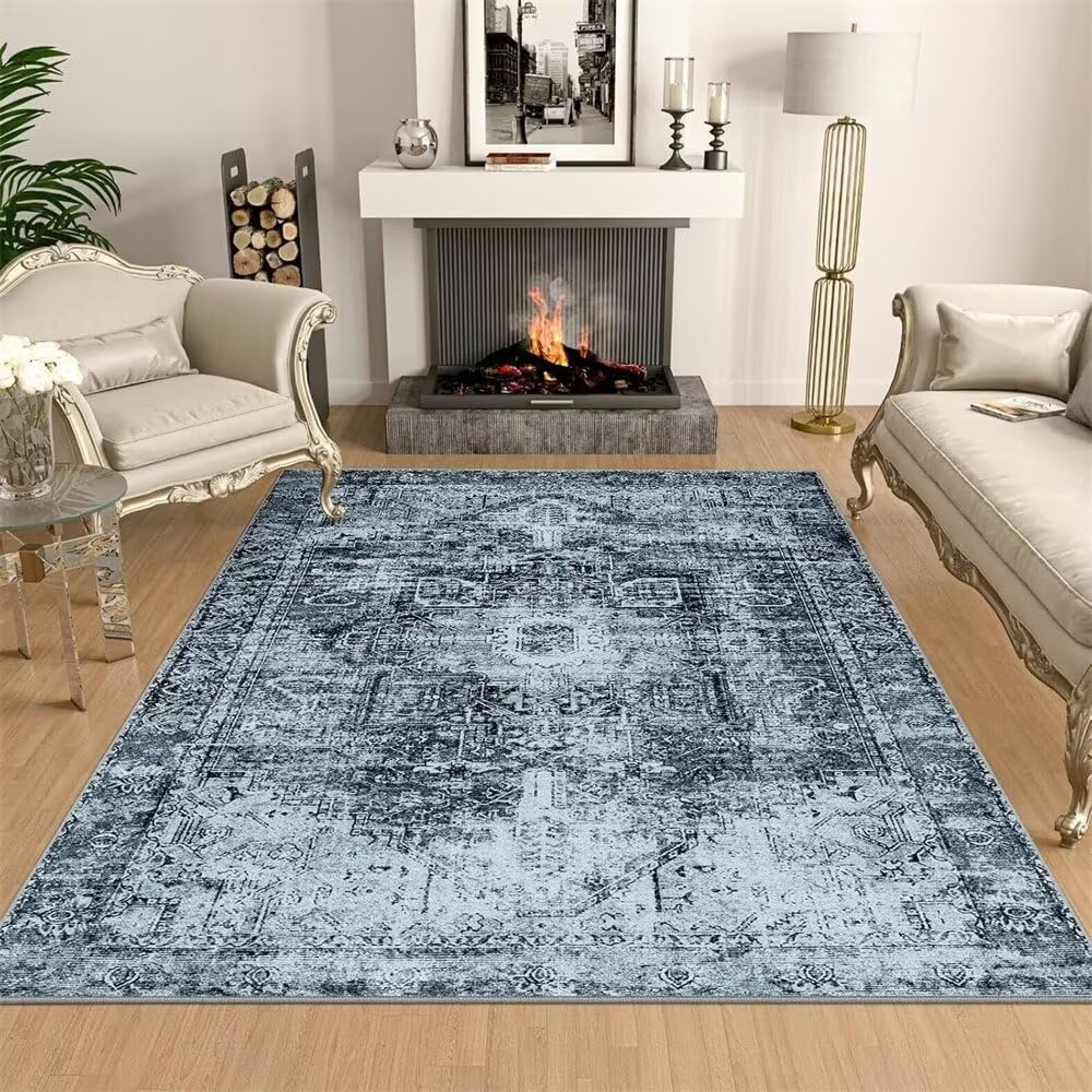 Tapis rectangulaire au design floral rétro bleu 180x250cm facile d'entretien