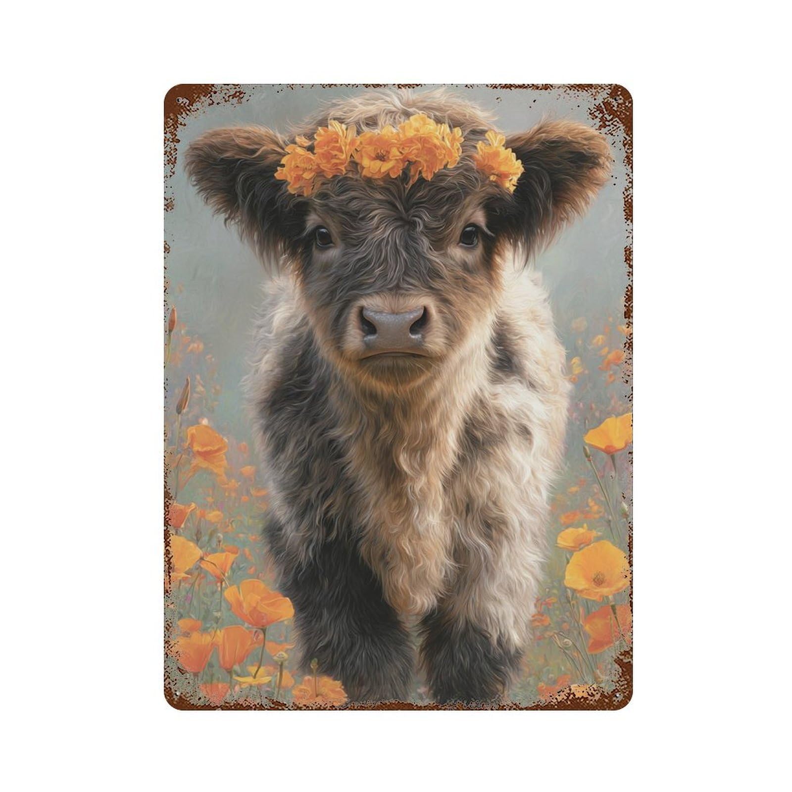 Floral Cow in Field Rustic Tin Plaque 15.7"x11.8", for Pub, Kitchen And Man Cave Decor, Vintage Wall Decor