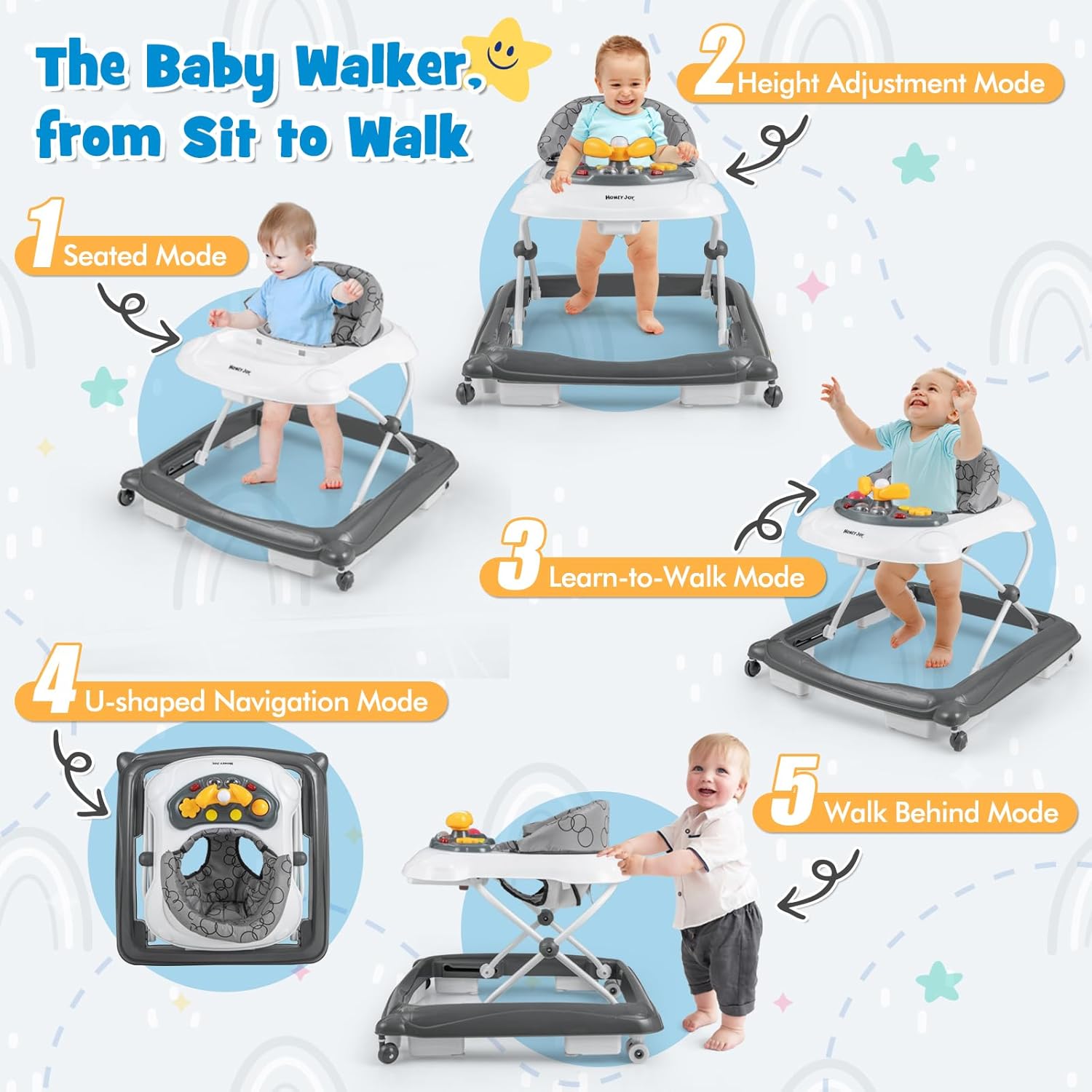 HONEY JOY Baby Walker, 5 in 1 Infant Activity Walker with Wheels, Music, Removable Cushion, Toddler Foldable Push Walker for Boys Girls, Anti-Rollover Walkers for Babies 7-14 Months (Gray) image 2 of 9 B0CSSCK63M
