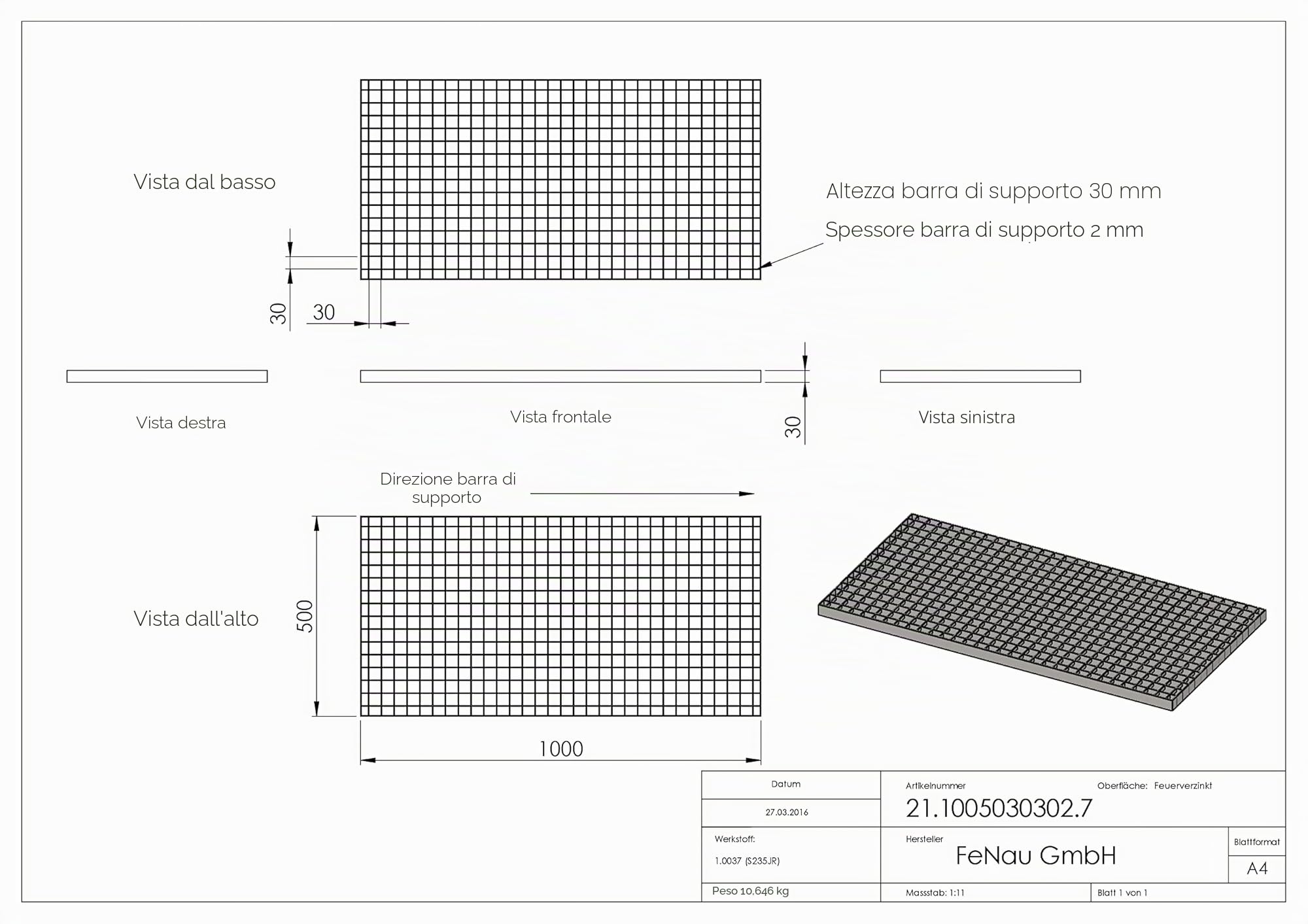 Fenau | Griglie industriali Dimensioni: 1000 x 500 x 30 mm (MW: 30/30 mm) - Spessore materiale: 2 mm - Carico ruota: 1,52 kN/Carico superficiale (m²): 7,84 kN