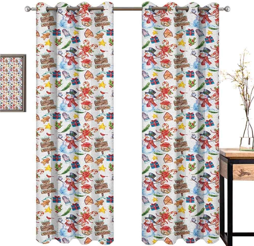 Christmas Room Darkened Heat Insulation Curtain Holly Jolly Noel Wish Joyous Art Pattern of Snowman Owl Wood Sign Pine Biscuits Living Room Curtains W72 x L108 Inch Multicolor