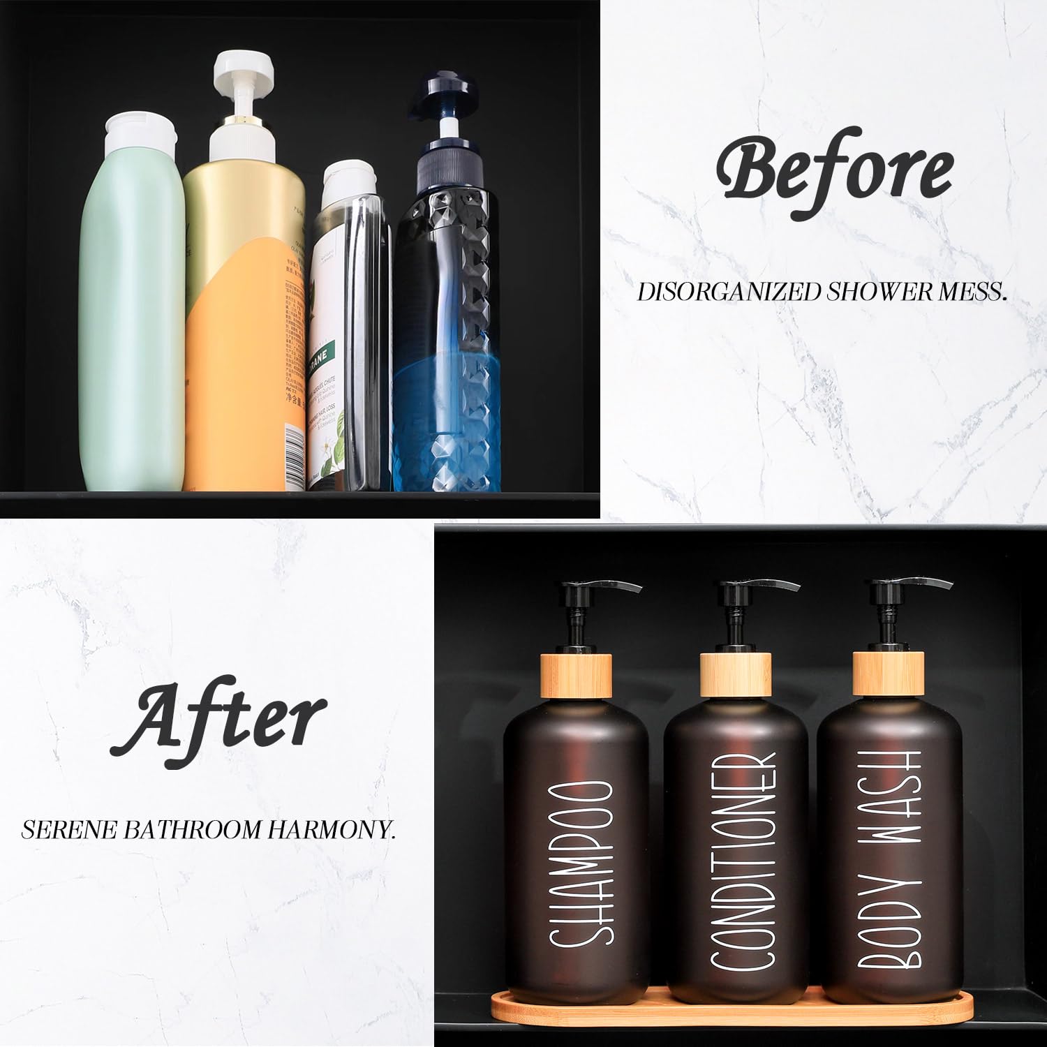 MOMEEMO Amber Duschspender-Set, enthält 3 extra Dicke PET-Kunststoffflaschen mit Bambus-Pumpen, Shampoo- und Conditioner-Spender für die Dusche, perfekt für Moderne Badezimmerdekor. (Bernstein)