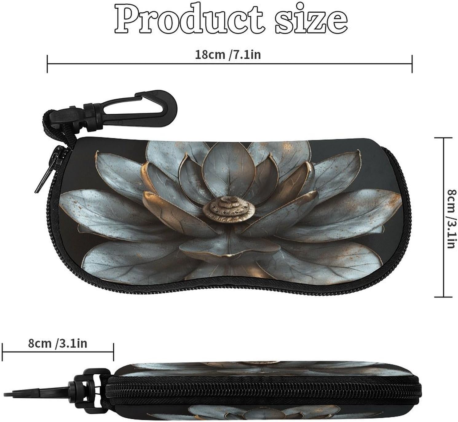 Dark Large Flower Glasses Case for Women Men Waterproof Sunglasses Case with Carabiner Clip Soft Eyeglass Pouch for Prescription/Reading/Computer/Sports Goggles Travel Eyewear Organizer