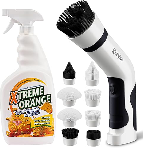 Klever Limpiador eléctrico giratorio con spray de cítricos - Cepillo eléctrico para limpieza con 8 cepillos de limpieza duros y suaves - Superficies