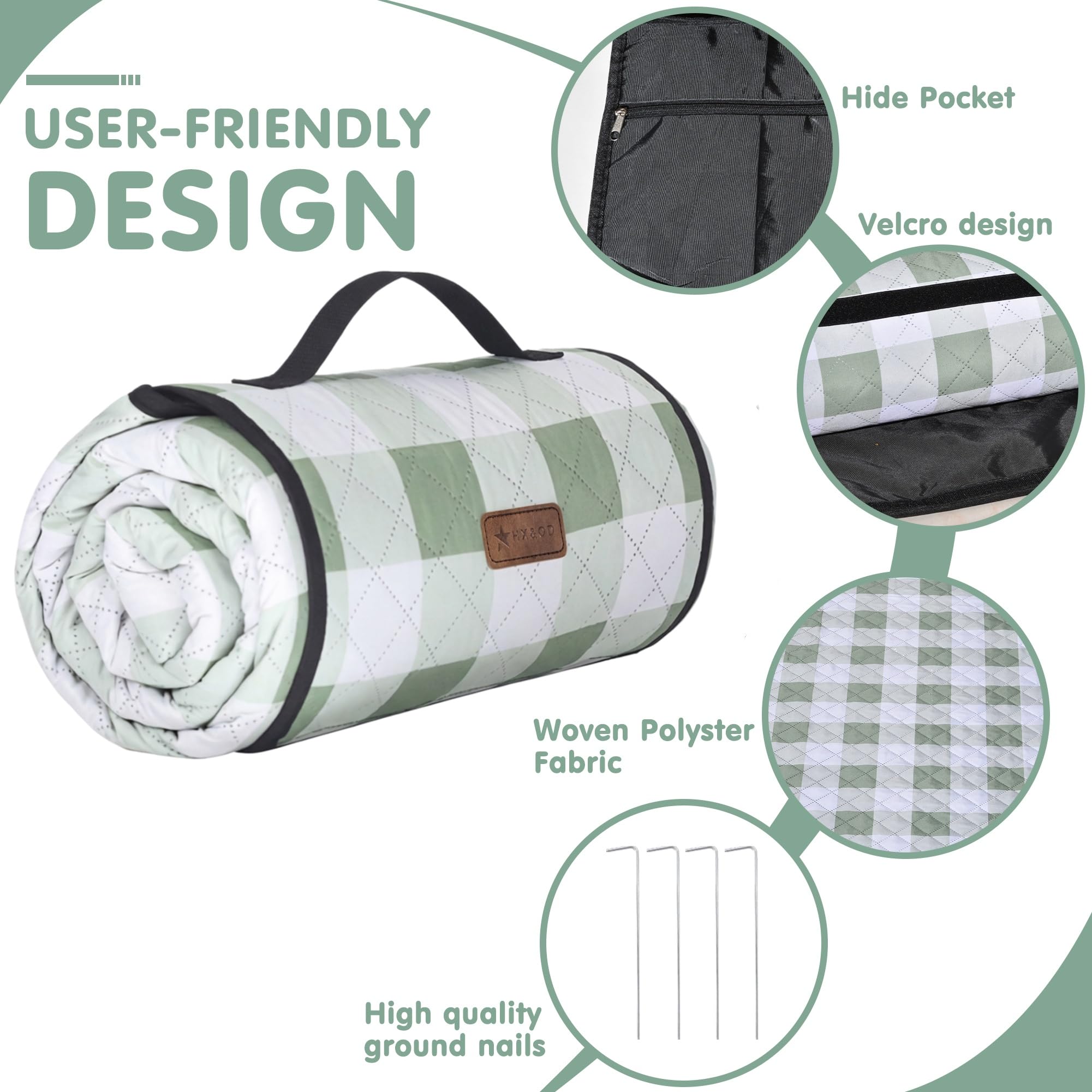 HX&OD Manta de picnic al aire libre, extra grande, 80 x 80 pulgadas, impermeable, plegable, manta de picnic a cuadros para playa, camping, césped, parque, accesorios, lindas ideas para parejas, bodas