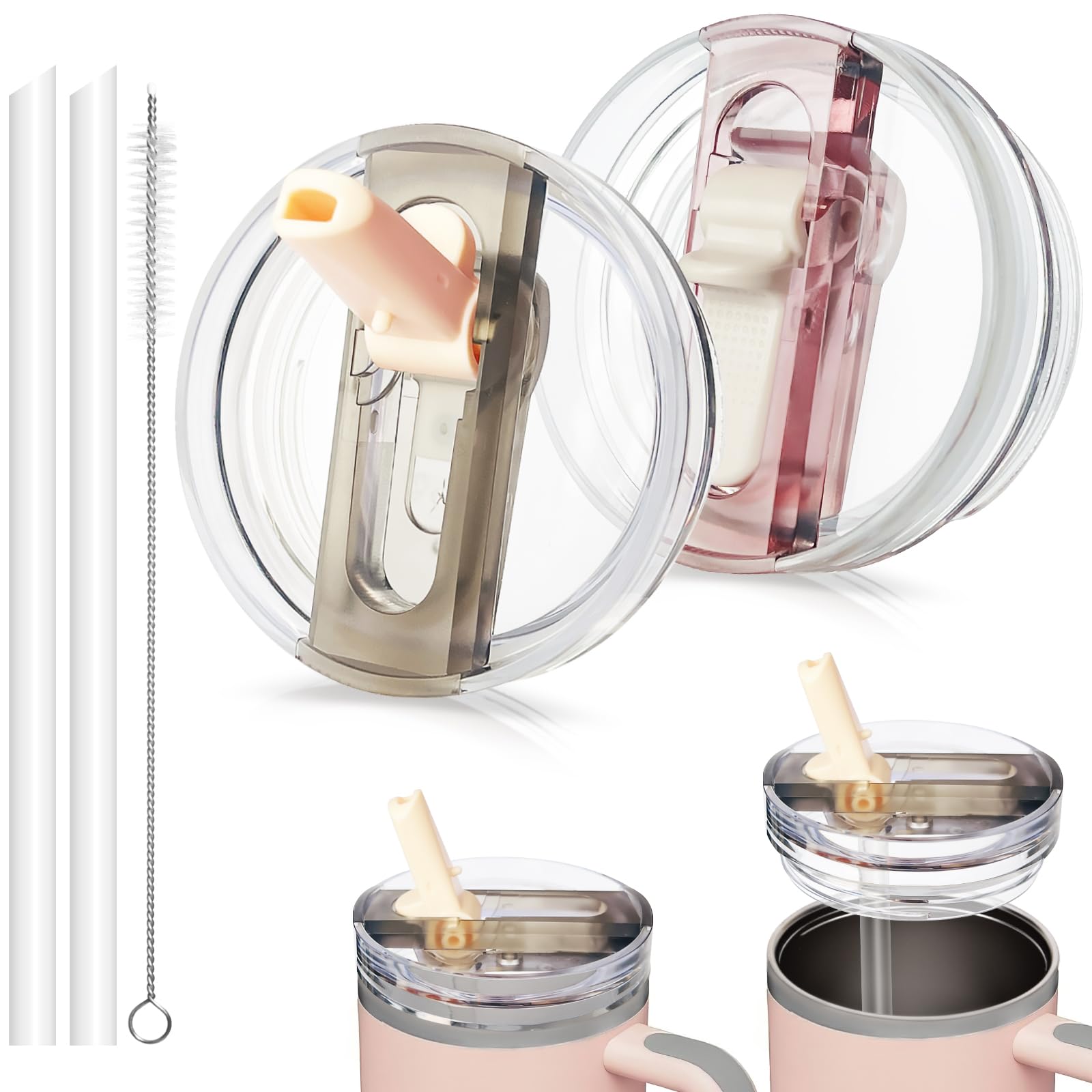 DealKits 2 unidades compatibles con la tapa Stanley Cup a prueba de fugas, tapa de repuesto para taza de 40 oz, con 2 pajitas y 1 pajita, sin BPA, apto para lavavajillas, reutilizable (blanco + rosa)