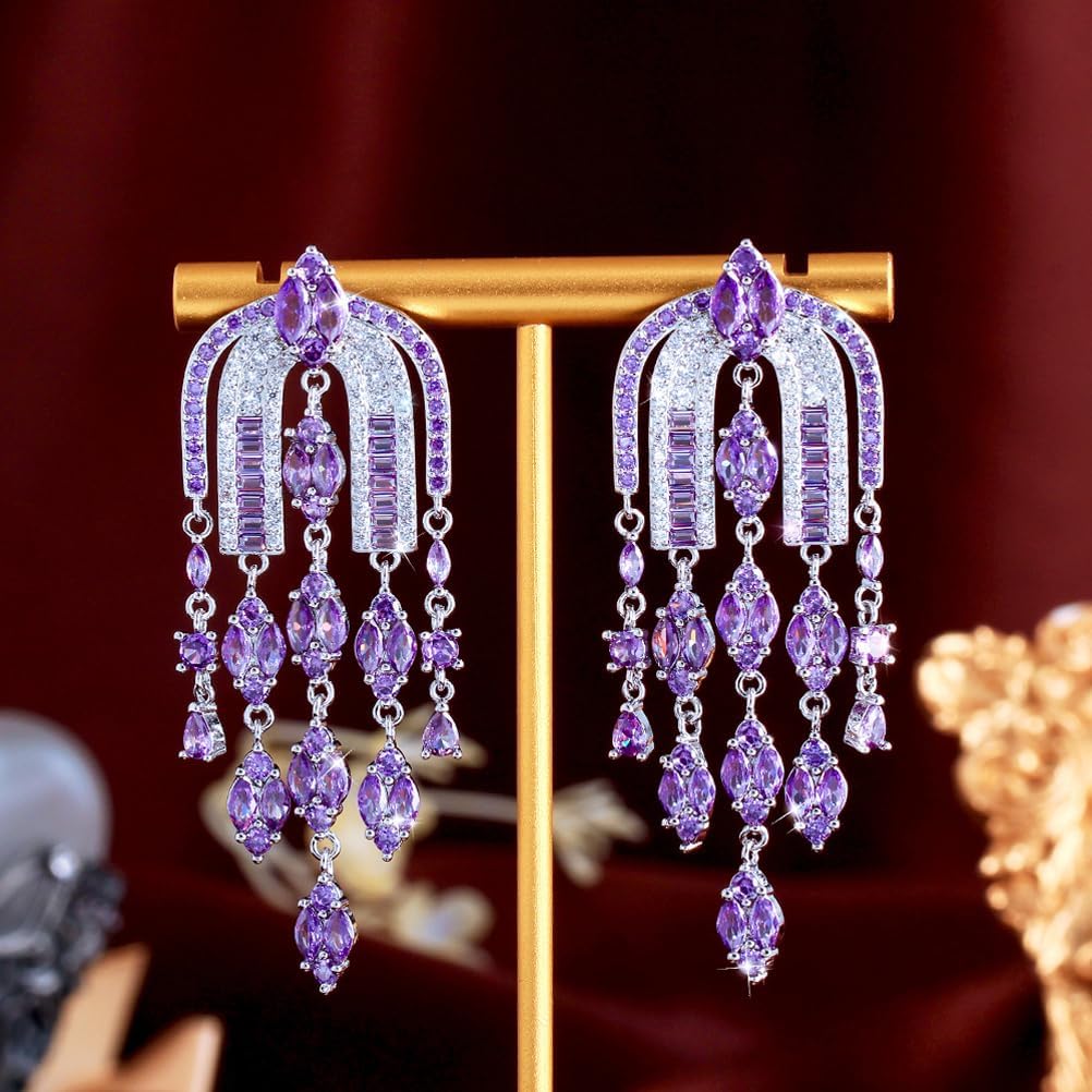 Luxury Purple Cubic Zirconia Chandelier Tassel Dangle Earrings, Long Drop Style for Wedding, Bridal, Prom Jewelry - Image 6