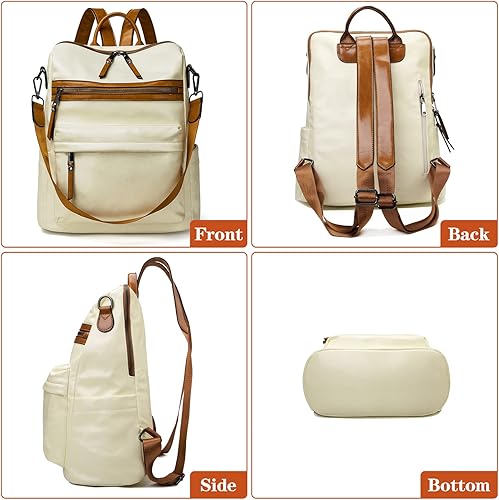 Miniatura 5 de Mochila para mujer, bolso de hombro de diseñador de cuero a la moda, bolsa de viaje casual, multiusos, convertible, Blanco, Mochilas de mochila
