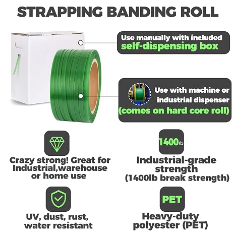 Heavy Duty Packaging Strapping Banding Roll - Green Polyester PET Industrial-Grade, 1000' x 5/8 x 0.035 Pallet Strap Coil - 1400 lbs Break Strength, Rust-Resistant with Self Dispensing Box Kit
