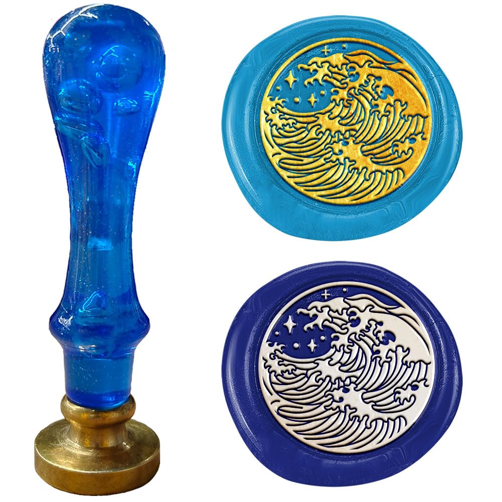 Realistic Waves Wax Sealing Stamp, Sea Wax Seal Stamp, 1" Brass Head with Blue Handle for Letter Envelops Birthday Cards Decoration Party Invitations Gift Wrapping