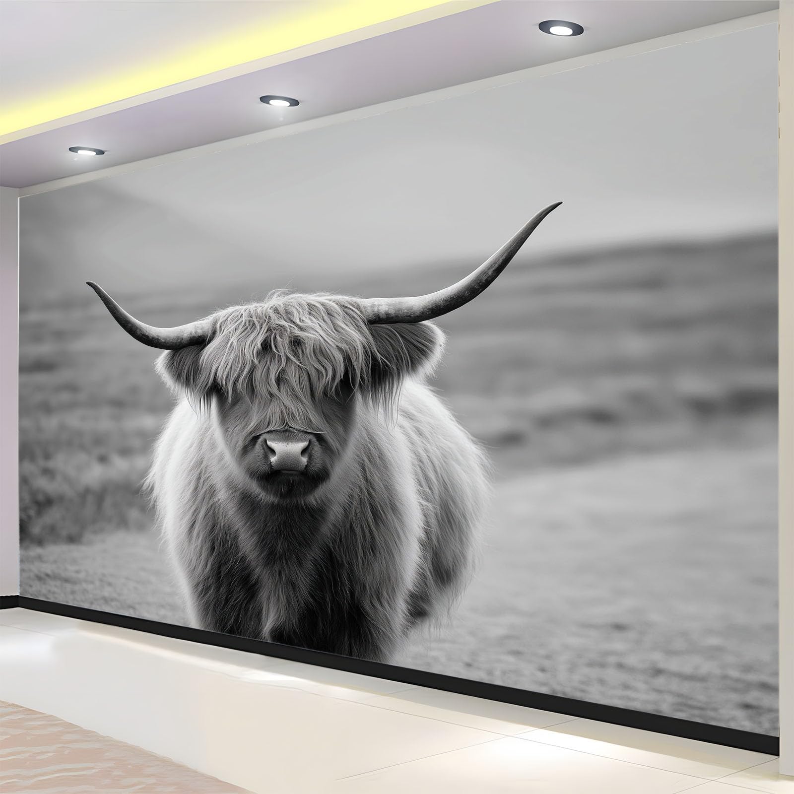 Scottish Highland Cattle 3D panoramiczna fototapeta 300 x 210 cm, fototapeta, szara, włóknina, druk artystyczny, polar, fototapeta, dekoracja, plakat, nowoczesny design