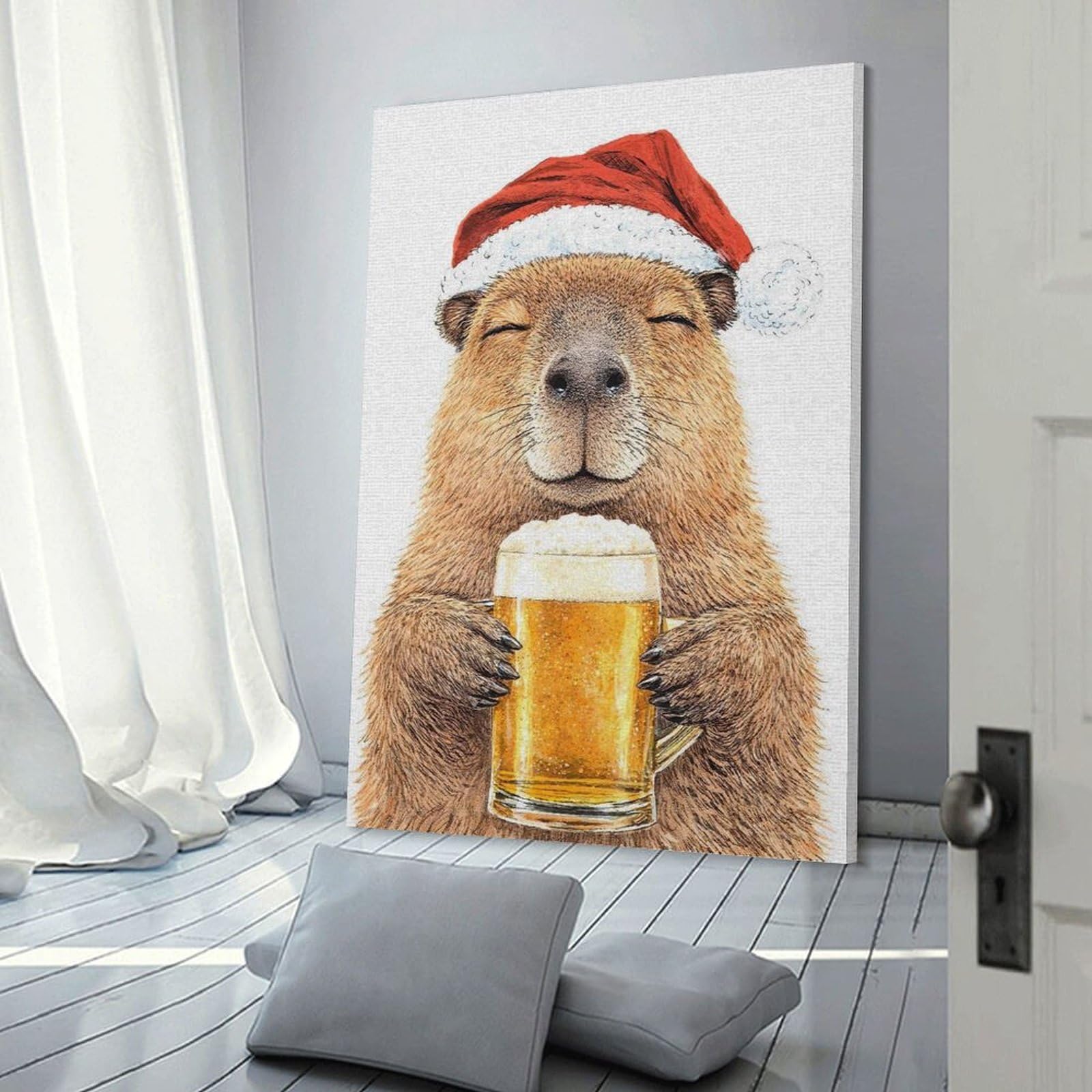 Junmoney Capybara in Santa Hat with Beer Canvas Art Print 20x30inch(50x75cm), for New Homes, Bedrooms Or Workspaces, Gift Idea for Housewarming And Birthdays