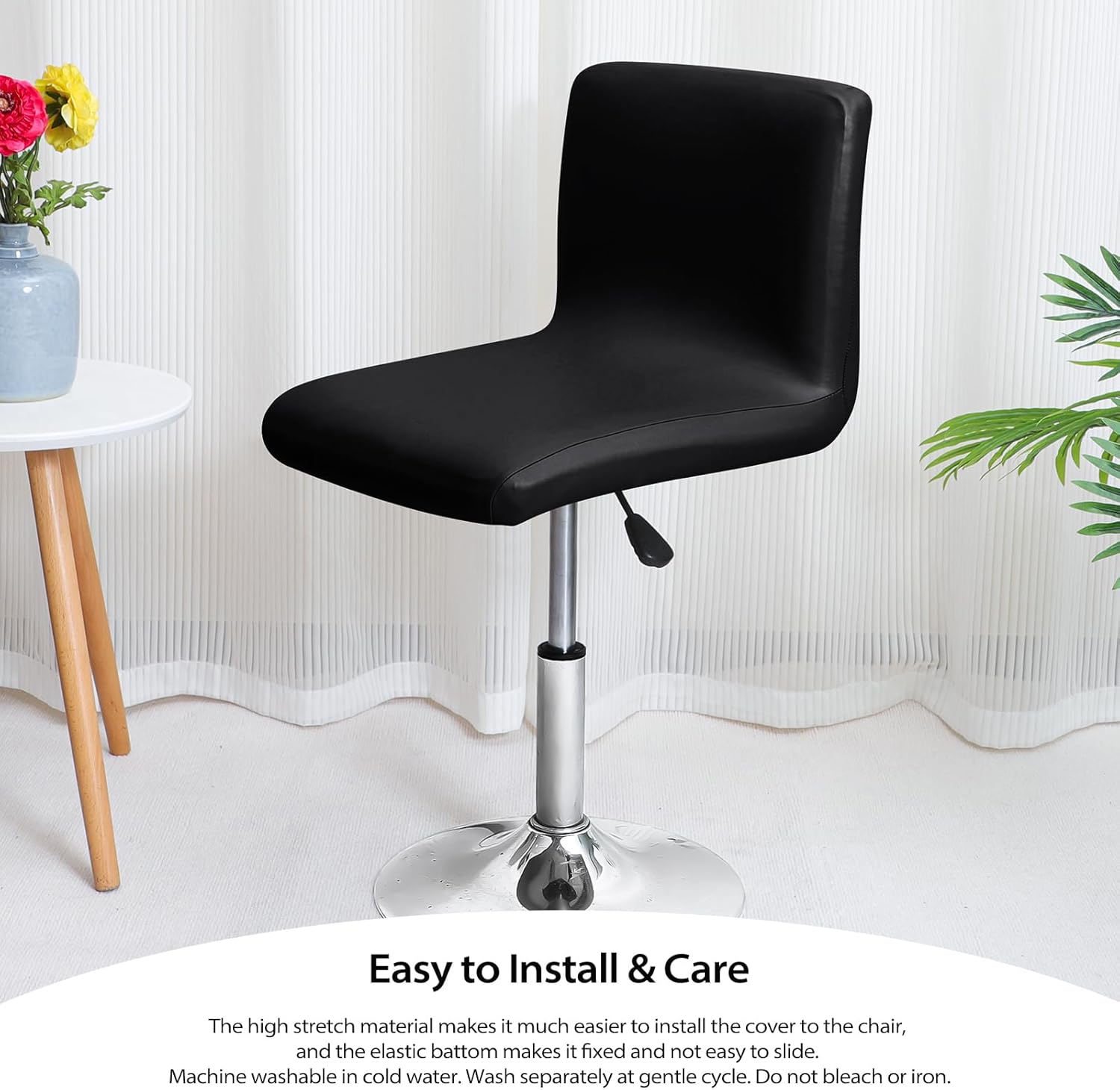 Gollense Stretch Bar Stool Covers with Backs, 4 Pack Waterproof PU Leather Pub Counter Dining Chair Covers, Square Swivel Barstool Seat Slipcover with Elastic Bottom for Low Short Back (Black)