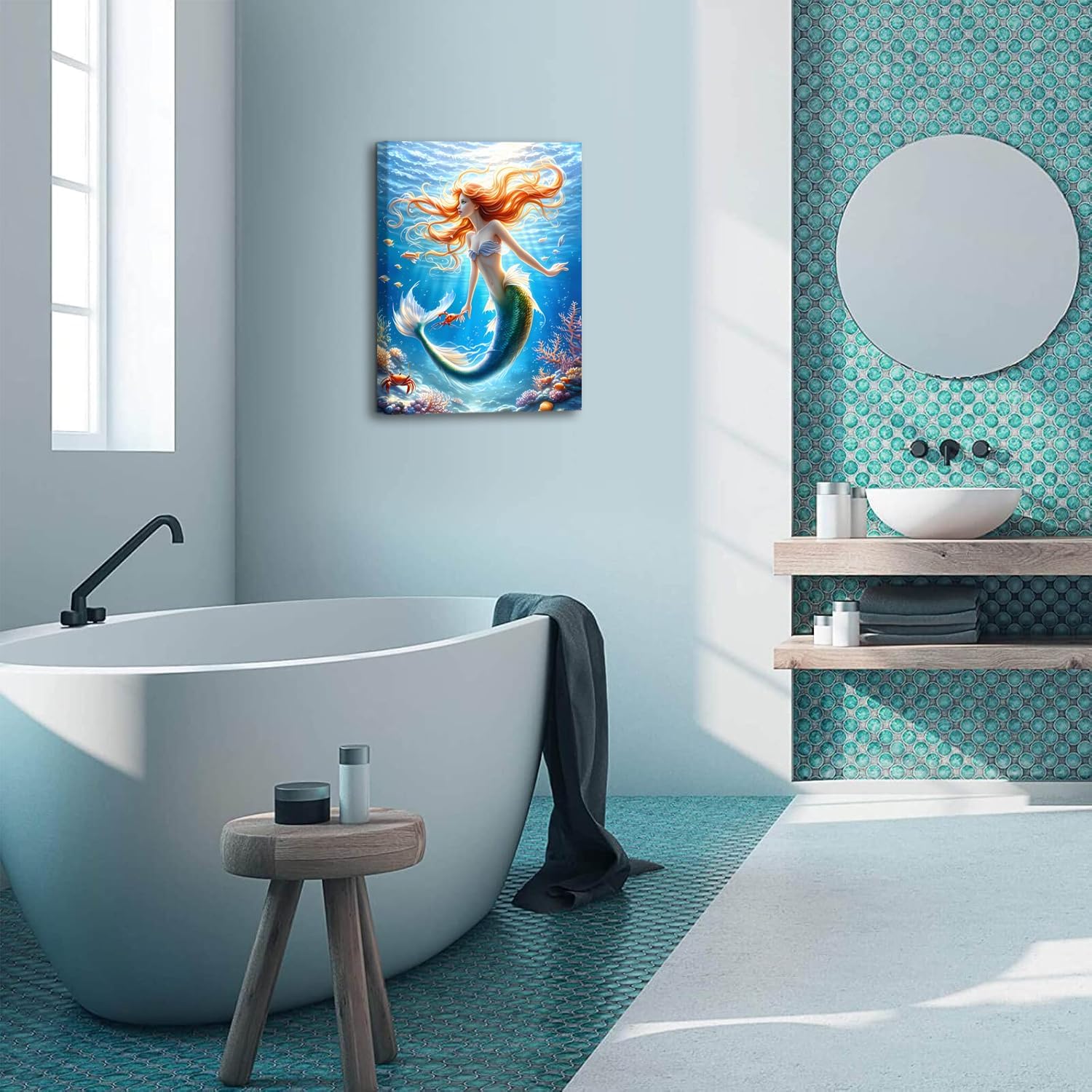 Mermaid Bathroom Decor wall Art Prints Mermaid wall Decoration Girl Ocean wall Art Bedroom Decor Kids Bedroom Nursery Decorations 12x16in,Framed