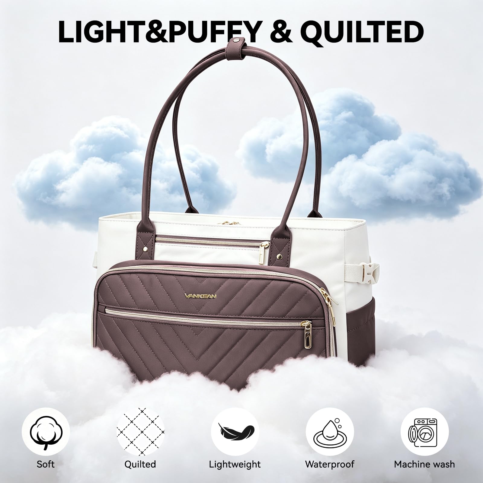 VANKEAN Borsa per computer portatile da donna, 15,6 pollici, borsa da lavoro impermeabile, borsa a tracolla per computer, borsa grande per lavoro, viaggi d'affari, beige/caffè