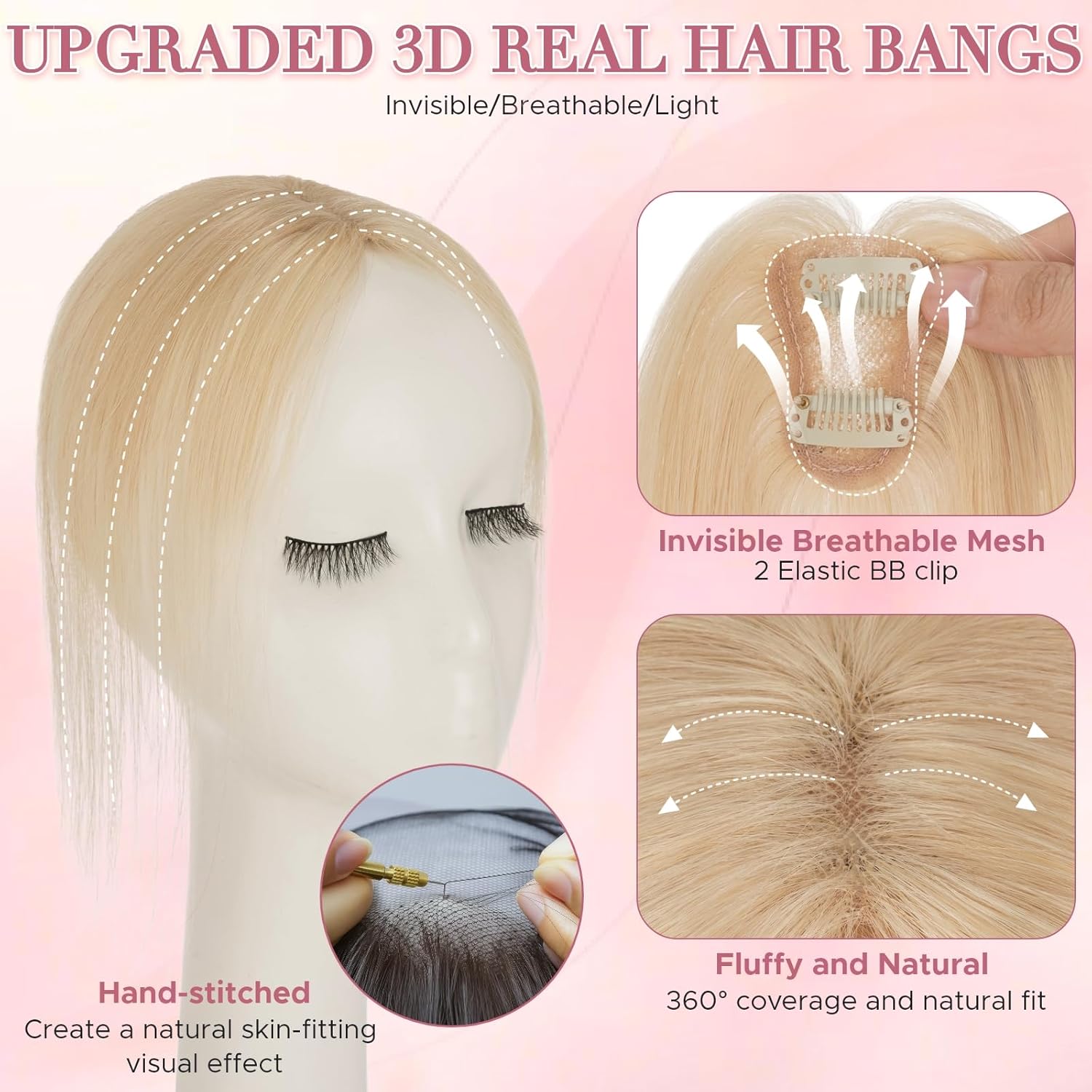 Clip in Bangs Hair Toppers for Women Real Human Hair, 360°3D Curtain Bangs for Thinning Hair Daily Wear (60, Platinum Blonde)