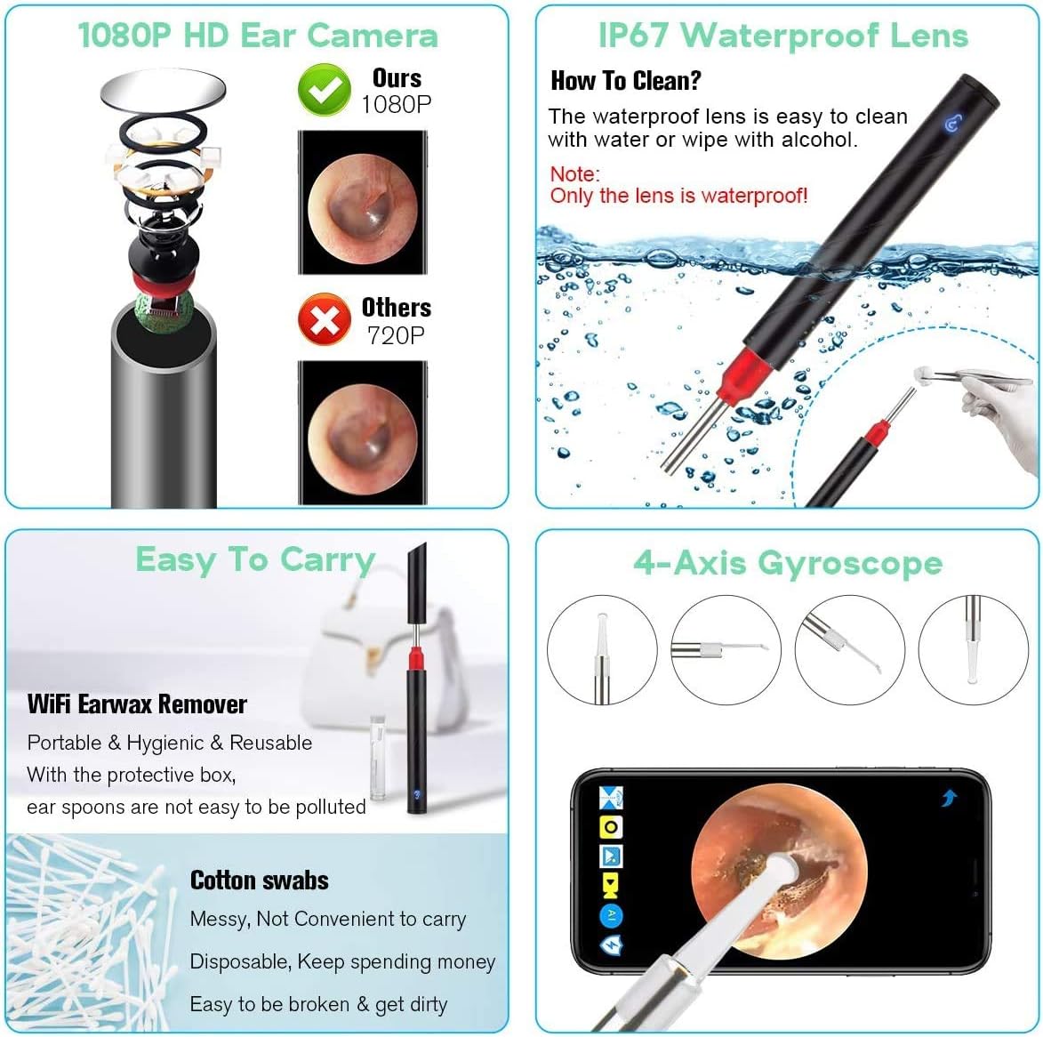 Ear Wax Removal Tool,Wireless Otoscope Earwax Removal Kit 1080P FHD WiFi Ear Cleaner with 6 LED Lights,Waterproof Digital Ear Camera Endoscope Portable Ear Pick Kit for Adults Kids&Pets