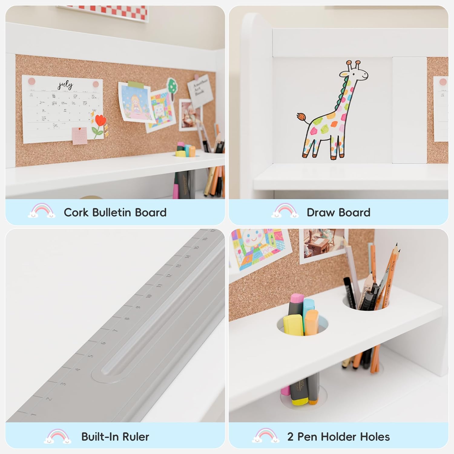Kids Study Desk with Chair and Tiltable Desktop, Kids Study Desk and Chair Set with Hutch&Storage Cabinet, Wooden Children Study Table for 5-12 Years Old, Student Writing Desk for Bedroom (White)