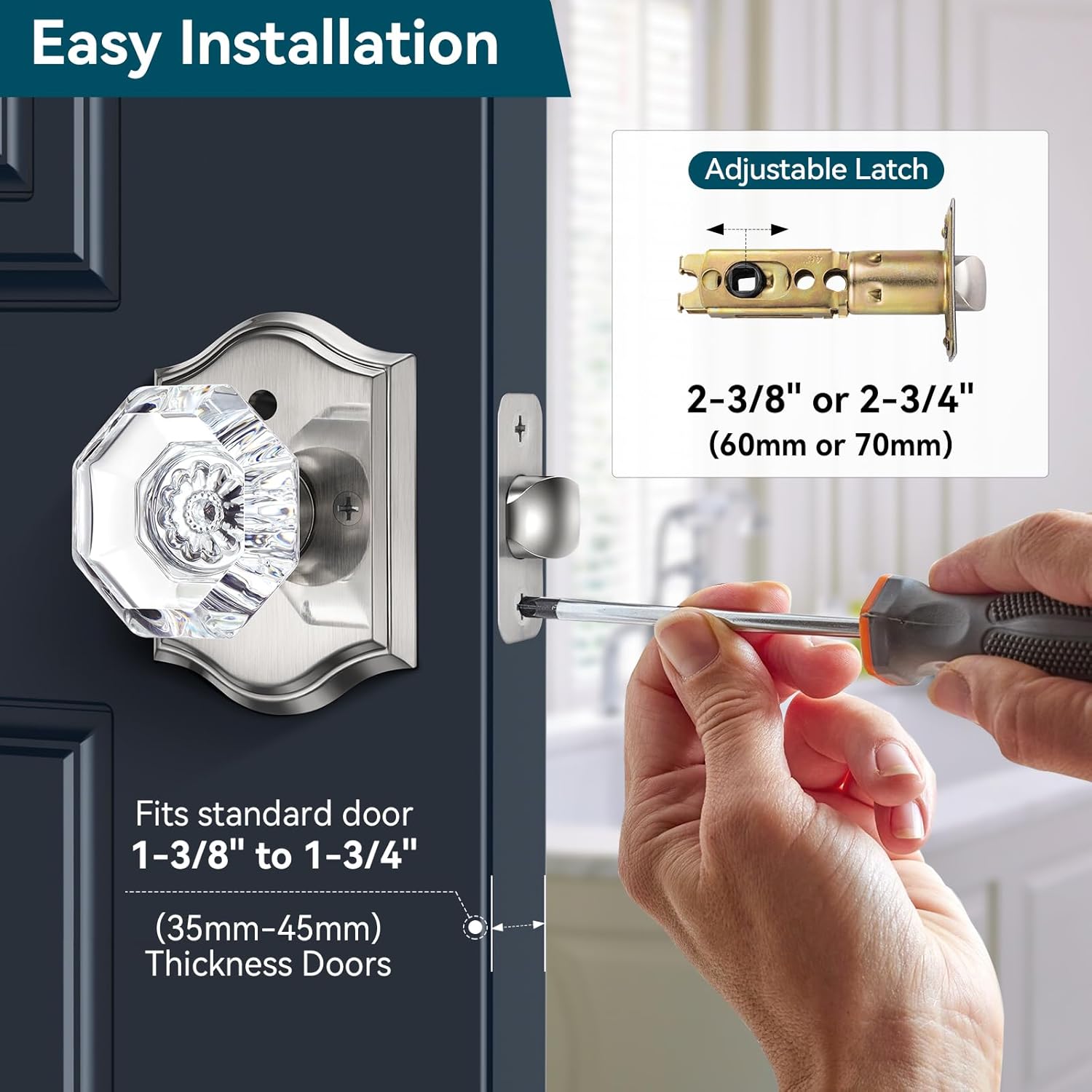 Crystal Door Knobs, 3 Pack Glass Door Knobs with Lock for Privacy Use, Satin Nickel Crystal Doorknobs Interior for Bedroom Bathroom, Modern Octagon Glass Doorknob