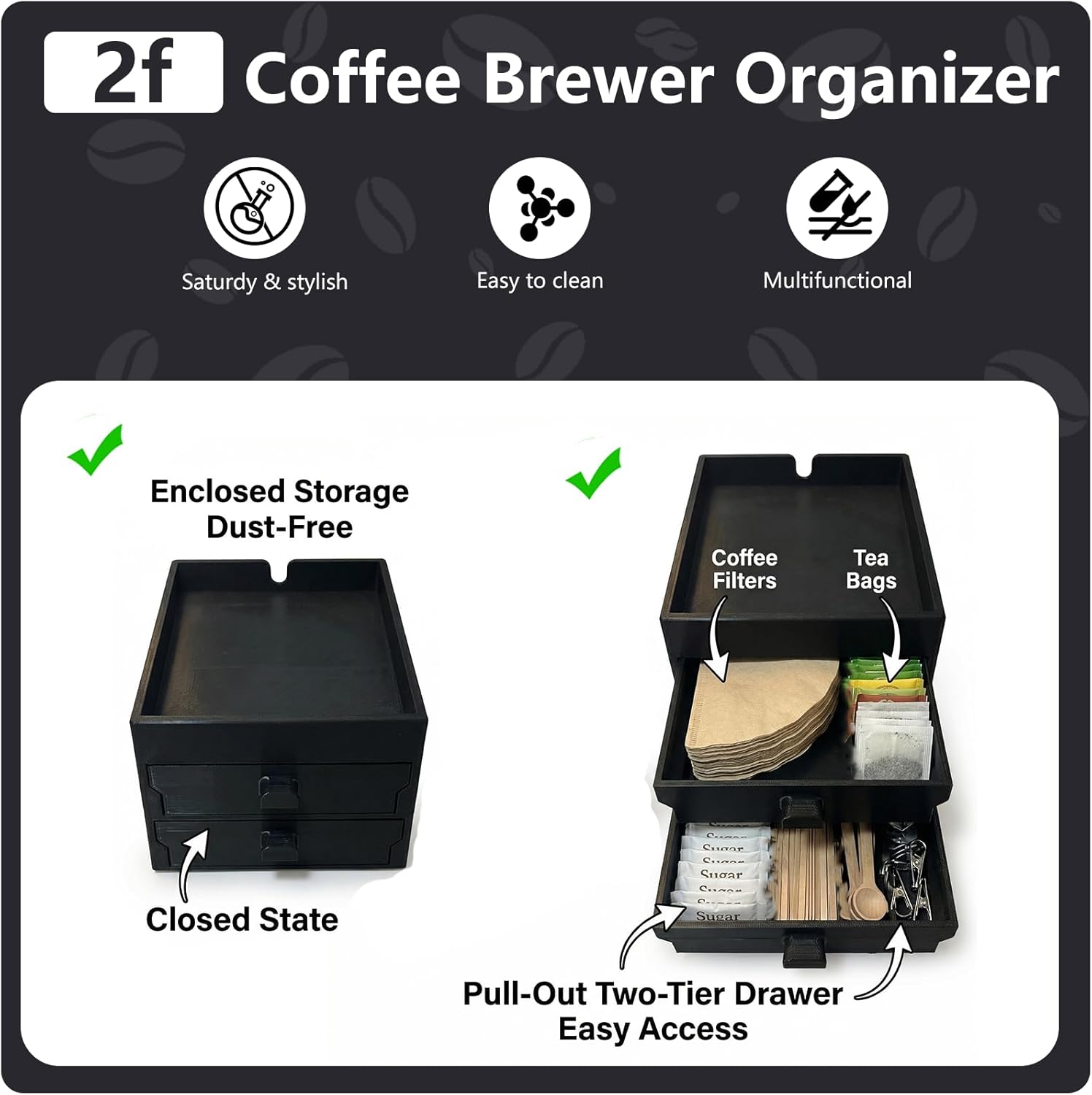 Coffee Brewer Organizer for Intasting Electric Kettle,Two-tier design with elevated kettle platform and pull-out Two-tier storage drawer，Elevated Pour Over Coffee Maker Holder for Beans, Tea & Accessories