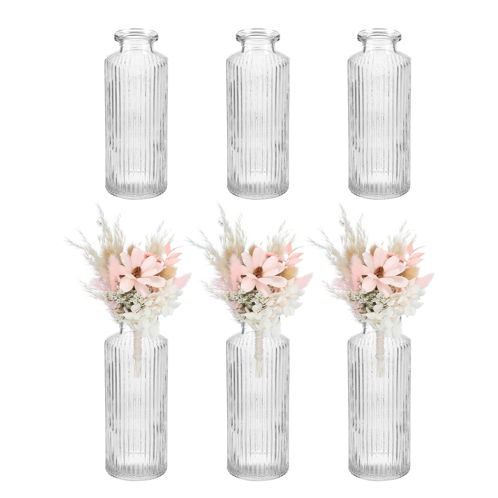 uxcell Clear Glass Bud Vase Set of 6, Small Flower Vases for Centerpiece, Ribbed Vintage Clear Mini Vases in Bulk Assorted for Rustic Wedding Floral
