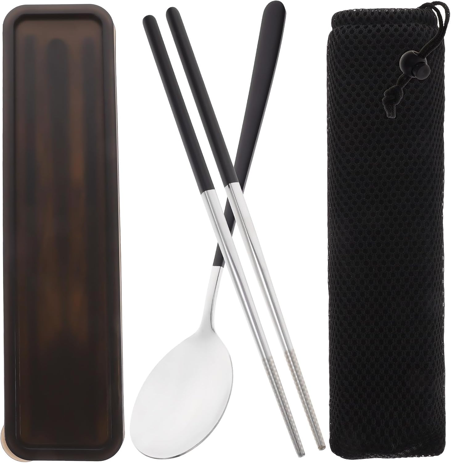 Portable Stainless Steel Utensil Set with Spoon and Chopsticks, Reusable Tableware with Storage Case and Mesh Bag, Travel Accessories for Outdoor Lunch and Camping