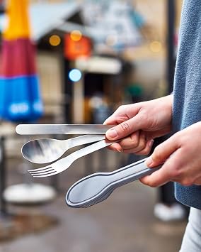 BLACK + BLUM Nesting Cutlery Set 3 Piece Stainless Steel Compact Travel Cutlery Set (Knife, Fork, and Spoon) Portable Tableware with Snap Shut Case, Silver