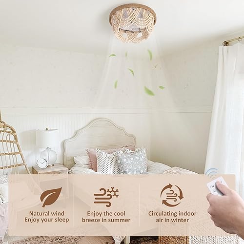 Miniatura 3 de 20" Boho Ceiling Fan with Light, Bohemian Fandelier Ceiling Fans with Lights and Remote Control, Wood Beaded Flush Mount with Reversible 6 Speeds