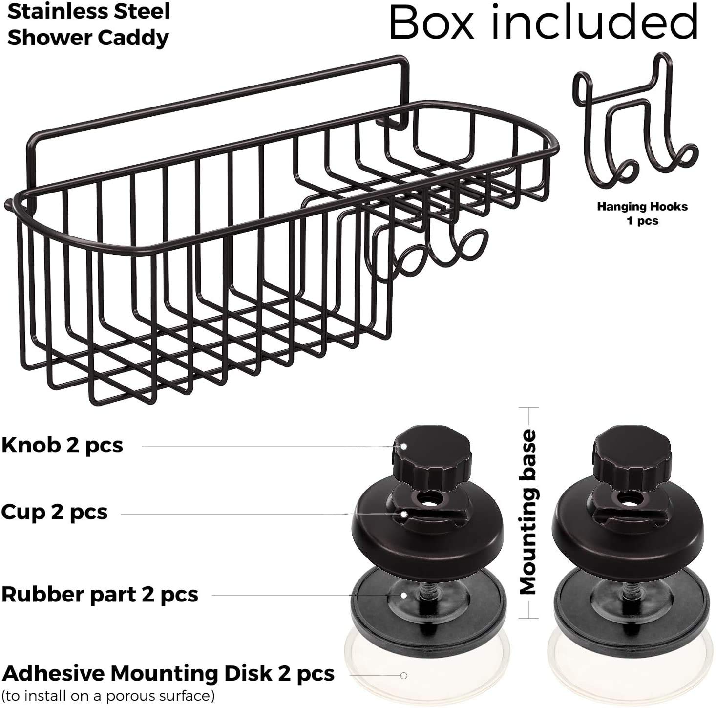 HASKO accessories Estante de ducha con ventosa, estante de baño montado en la pared con ganchos, cesta de ducha con ventosa, estante de ducha para baño, organizador de ducha con ventosa, acero