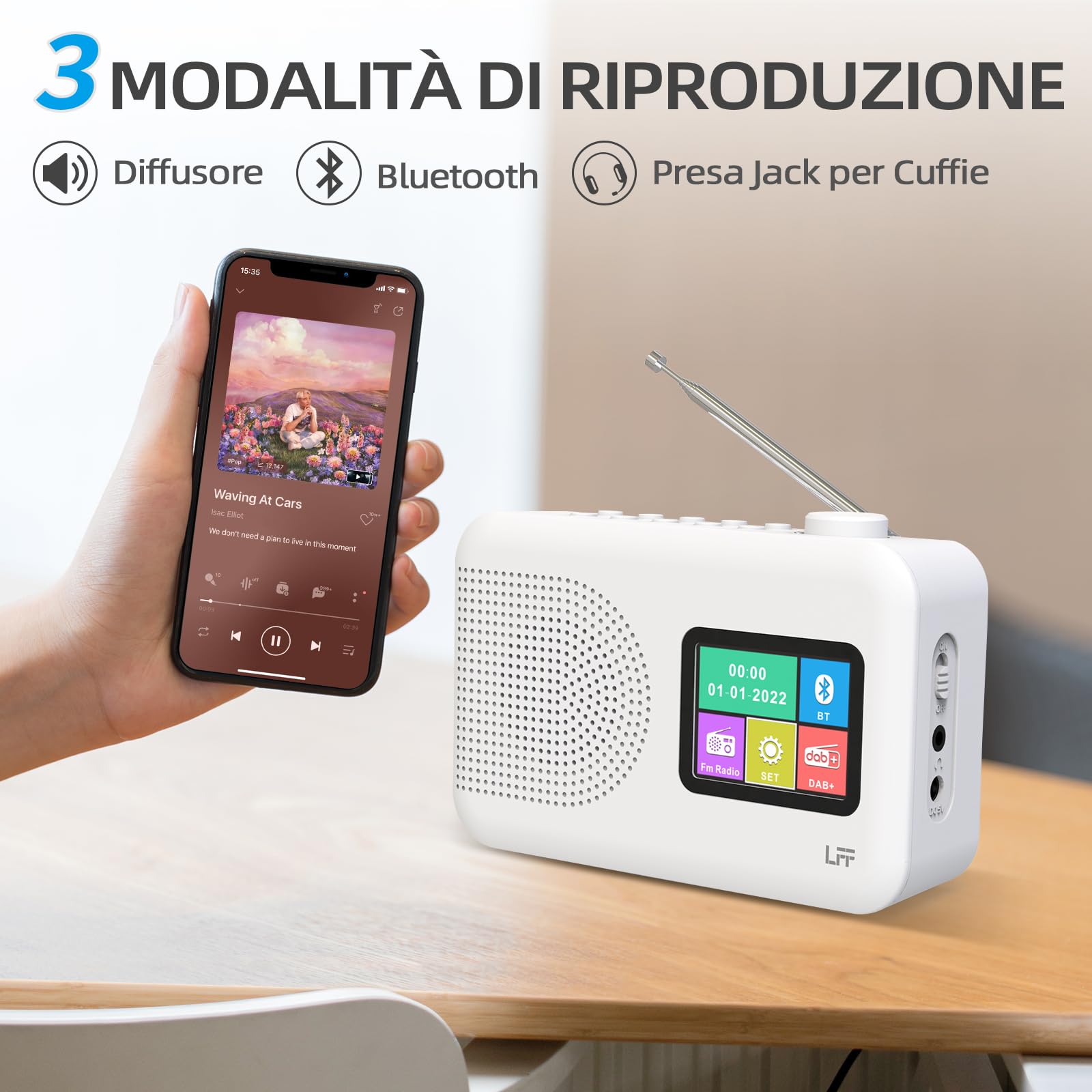 LFF DAB Radio, DAB Plus, radio digitale FM, radio da cucina con cavo o funzionamento a batteria, display a colori radio con Bluetooth