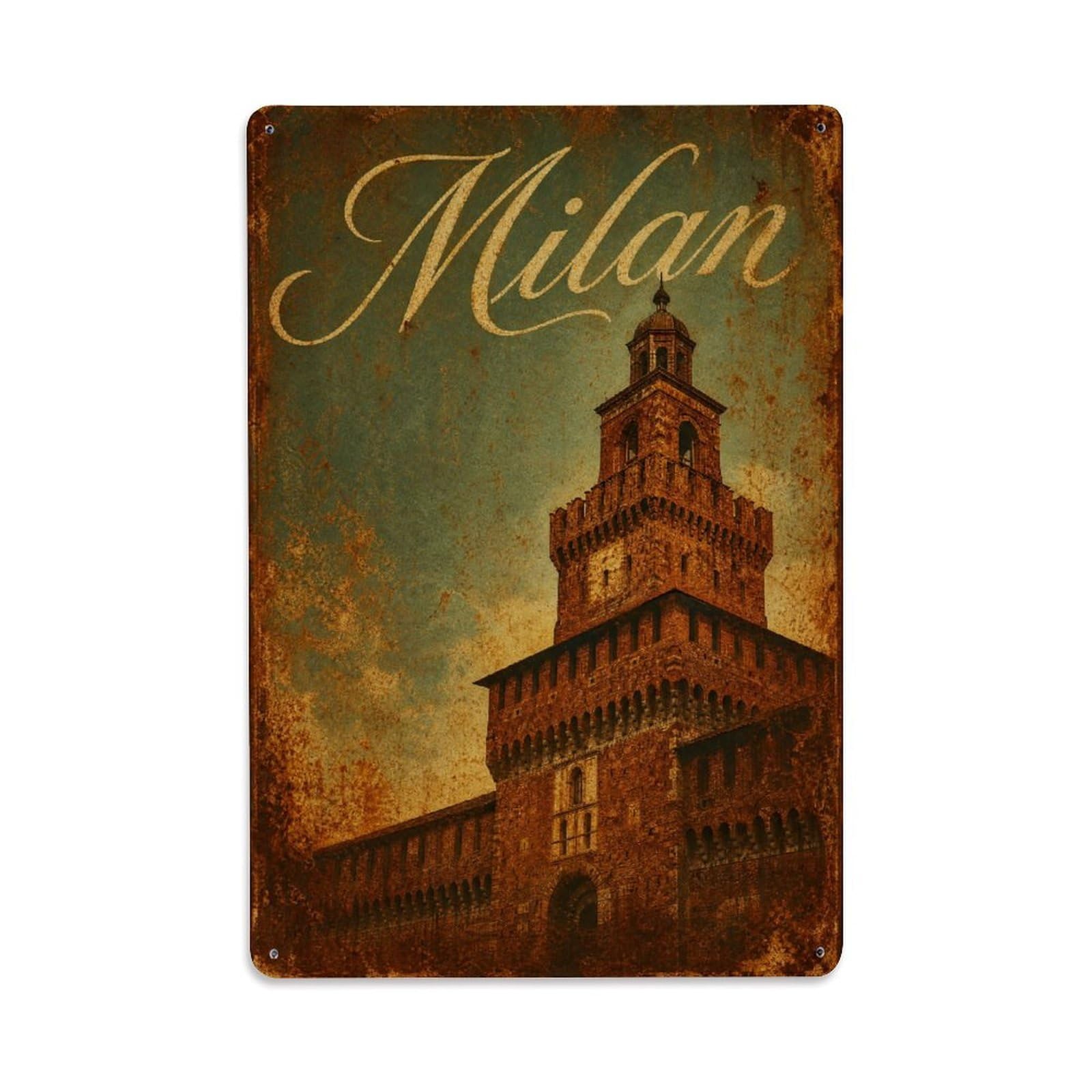 Huiyhb 8X12inch(20X30cm) Vintage Travel Milan Sforza Castle Tower Fortress Italy Metal Tin Sign