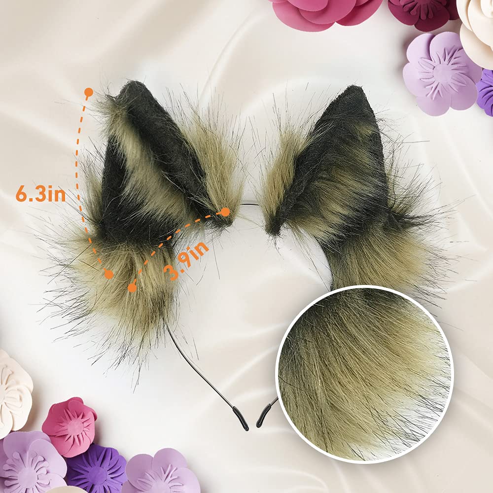 Cat Wolf Fox Dog Ears Headband Handmade Faux fur Cosplay Halloween Costume Party: Black+brown