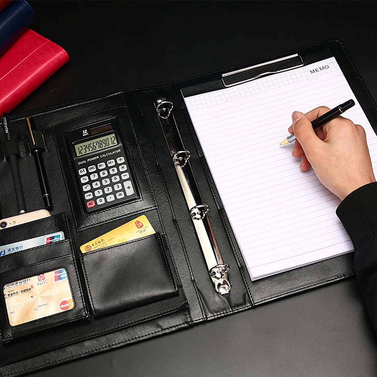 Classeur à Pochettes A4, classeur en Similicuir A4 avec Calculatrice et Bloc-Notes - Multicolore, Bleu,Blue