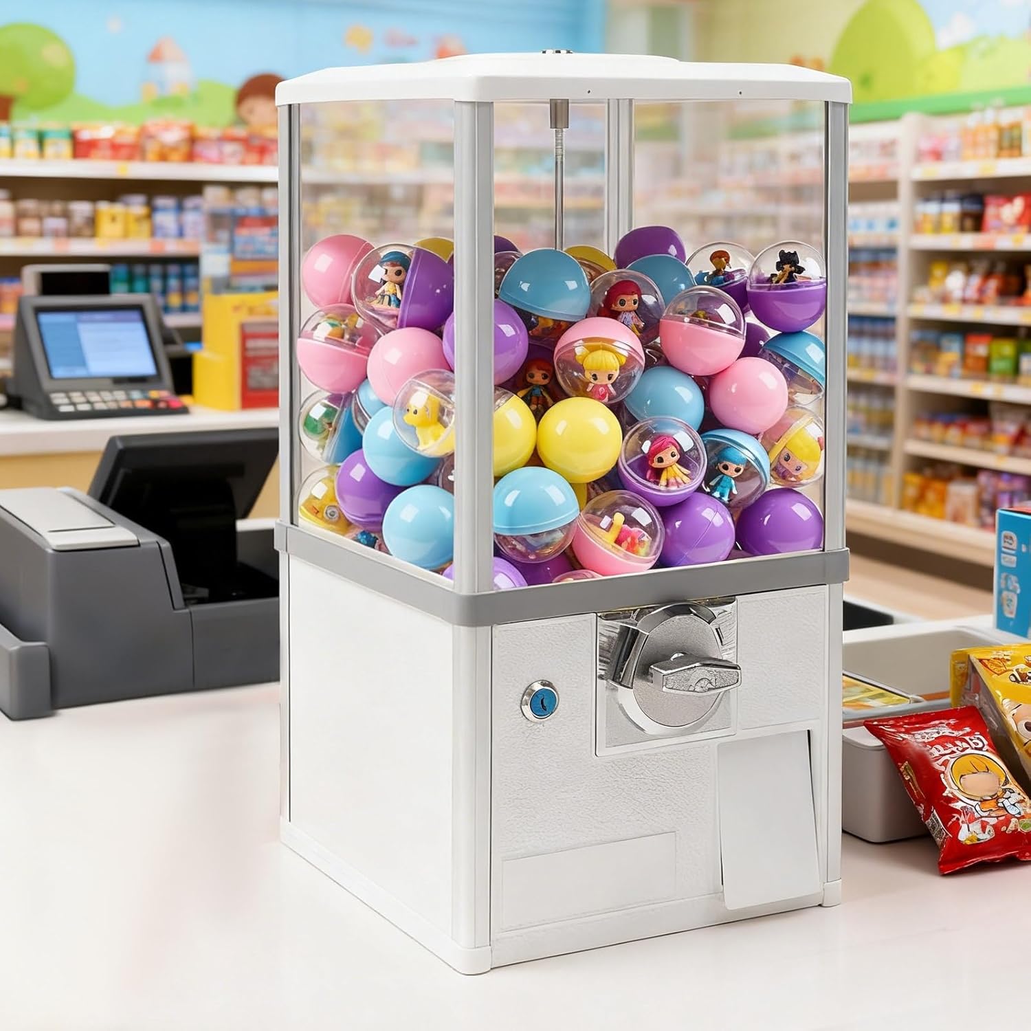Capsule Vending Machine, Gumball Machine for Kids, 25-Cent Coin Operated Bulk Vendor, Heavy Duty Metal ABS, 200-Capacity for 1.77-1.97in Balls, No Assembly, Retail Stores Arcades Game Rooms (White)