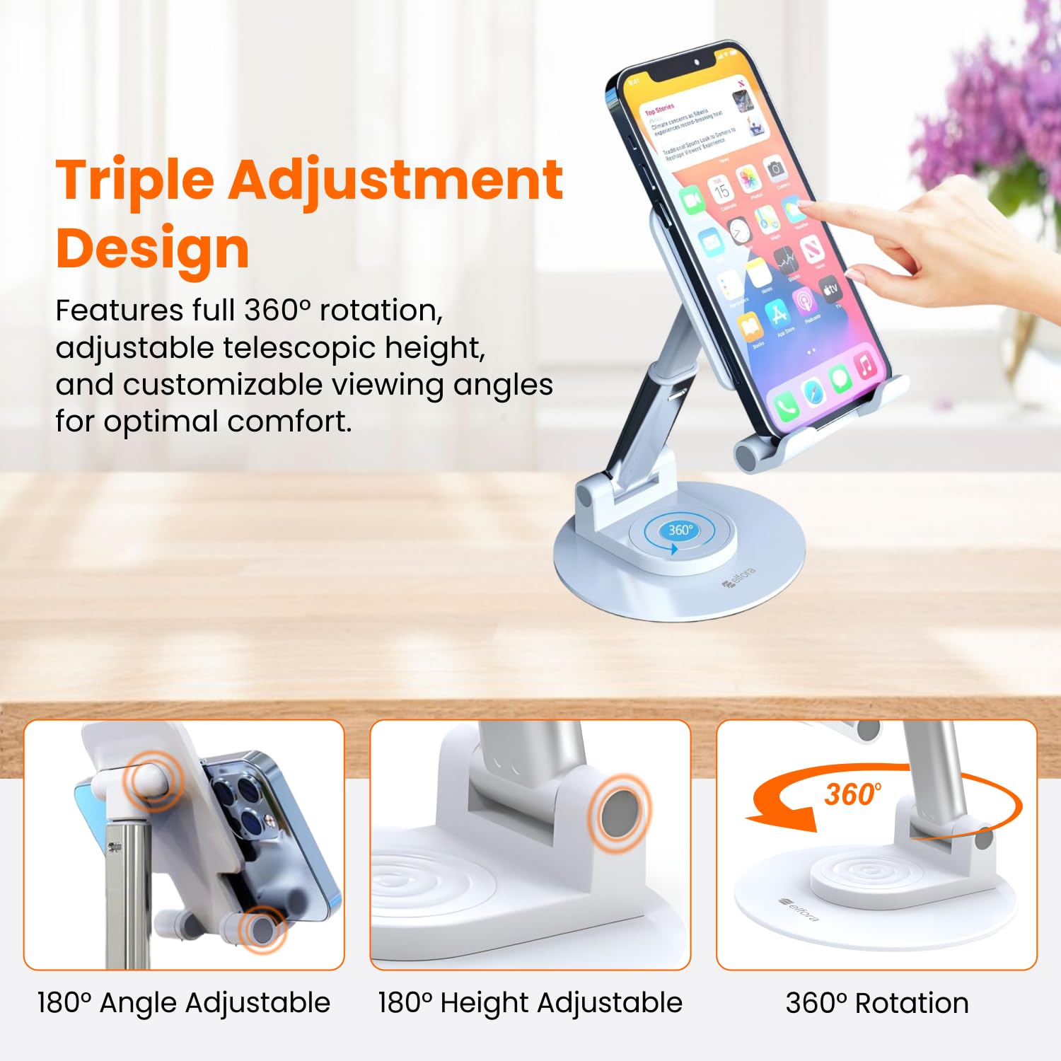Elfora 360° Rotating Mobile Phone Stand | Foldable, Height & Angle Adjustable Phone Holder for Desk | Portable & Stable Design | Compatible with iPhone, Samsung, Vivo, Oneplus & All Smartphones(White) — Amazon image 3