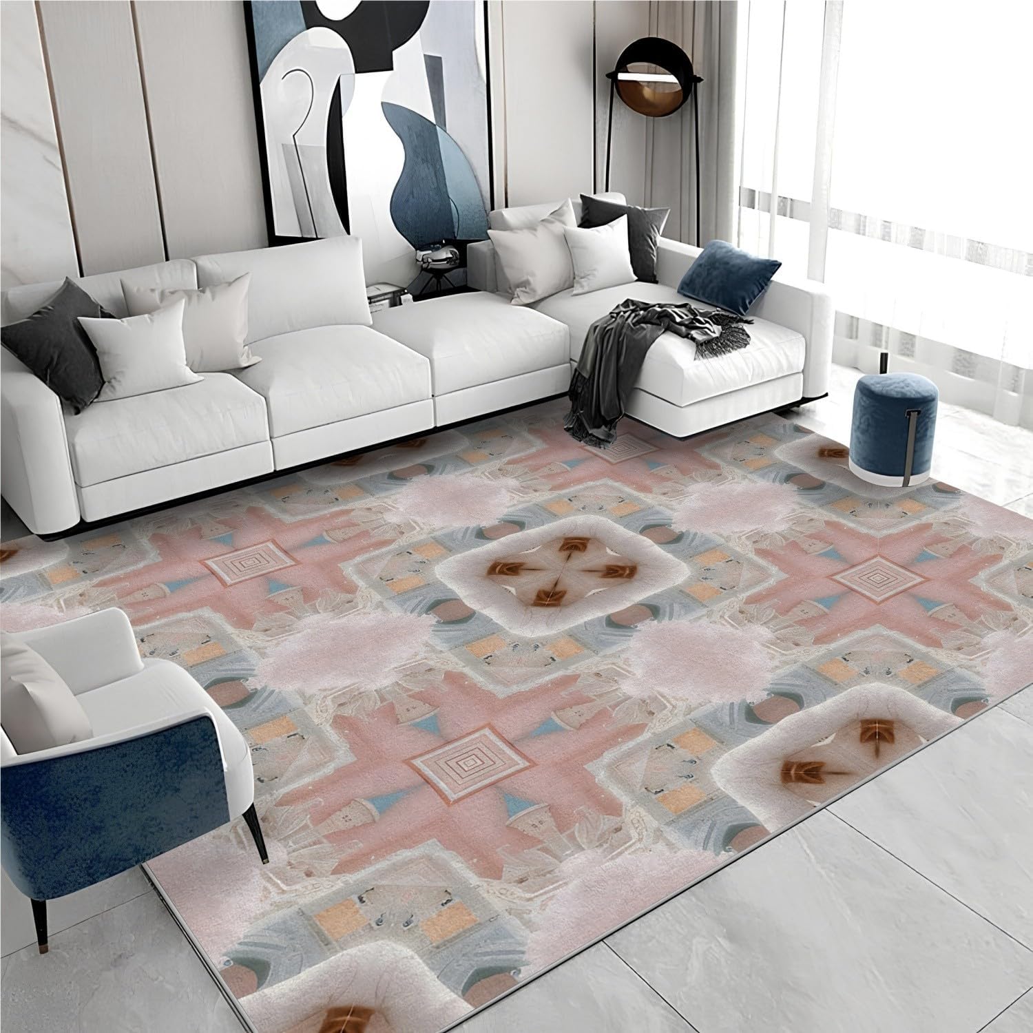 Multi Rug - Boho Vintage 8x10 Rugs for Living Room Bedroom Low Pile Indoor Washable Blue/Multi Door Mat Non-Slip Soft Floor Carpet Bohemian Flair Throw Indoor for Boys Girls A45