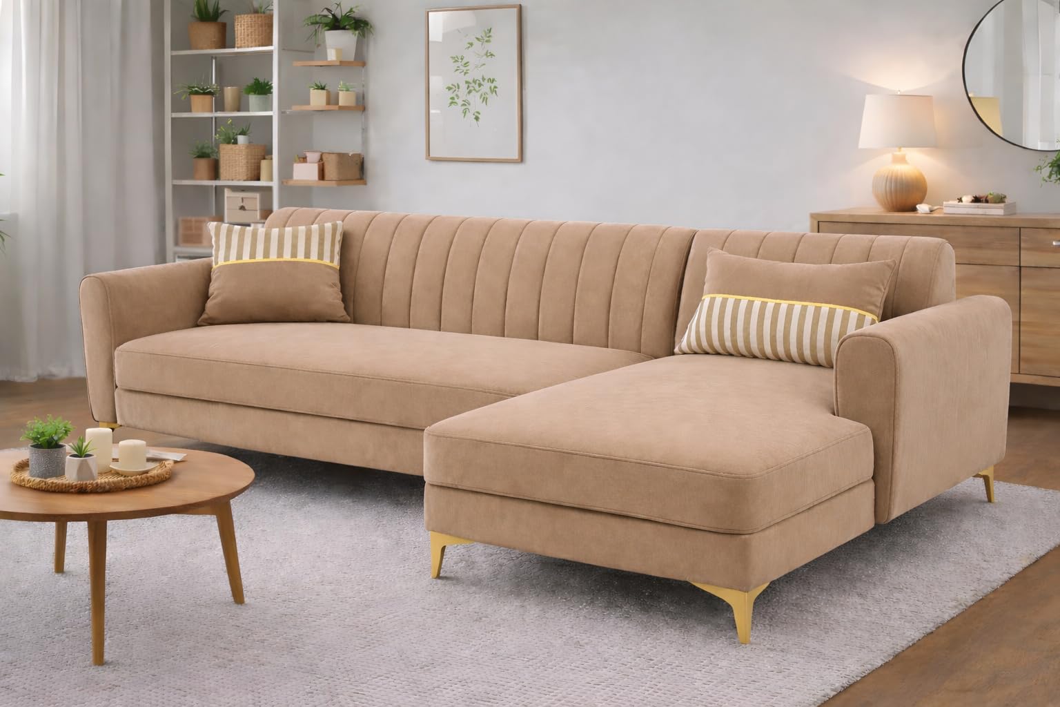 Adorn India Premium Luster 6 Seater L Shape Sofa Set | Velvet Suede Fabric | 3-Year Warranty | RHS |Color Beige with Golden Legs & Striped Pattern Cushion