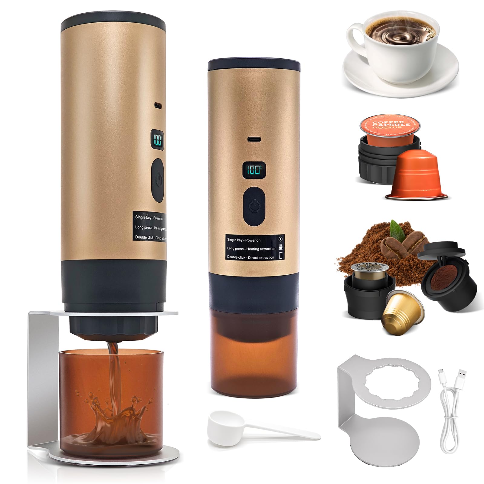Machine à Café Portable, 3-en-1 Cafetière Nomade Chauffante Rapide, Sans Fil & Auto-Chauffante - Avec Batterie 7800mAh, Fonction de Charging USB-C, Compatible NS/DG/Café Moulu (Or)