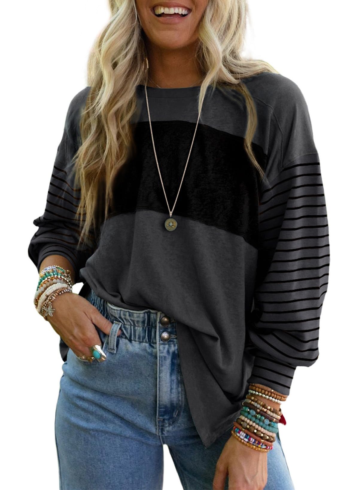 Dokotoo Long Sleeve Tops Oversized 2025 Trendy Round Crew Neck Casual Color Block Womens Shirts Blouses