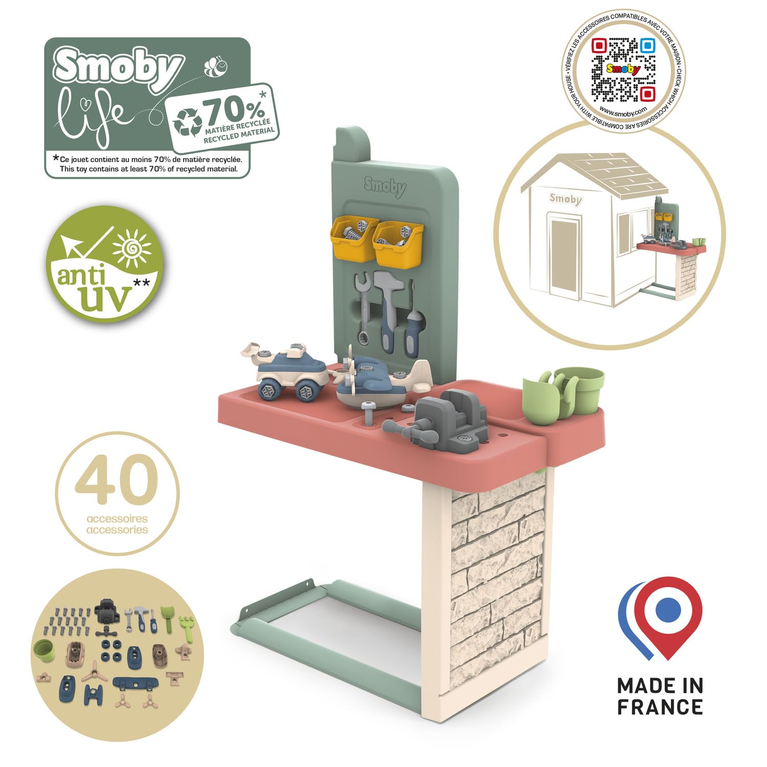 Smoby Life – Warsztat ogrodowy – Pasuje do wielu domów – Zrób to sam – 39 akcesoriów w zestawie – Zbuduj własny pojazd – Materiały z recyklingu – Dla dzieci w wieku 2+ lat – Wyprodukowano we Francji