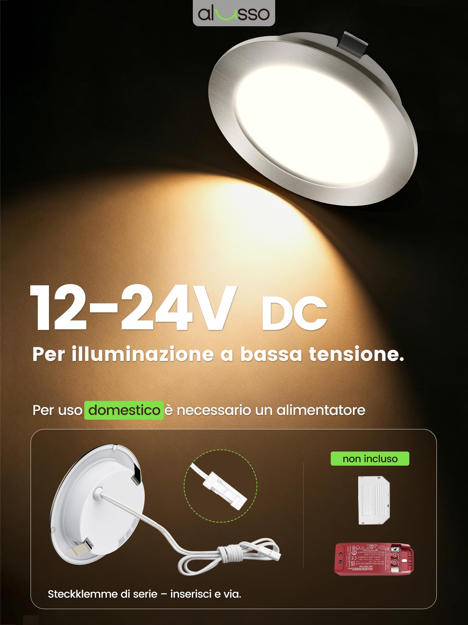 ALUSSO Set di 6 Faretti LED da Incasso, 12V led integrati 4W Cavo di Collegamento da 60 cm, Dimmerabili 3000K Bianco Caldo 4000K Bianca Naturale 6000K Bianca Fredda, Apertura Ø55mm - Ø58mm (NICHEL)