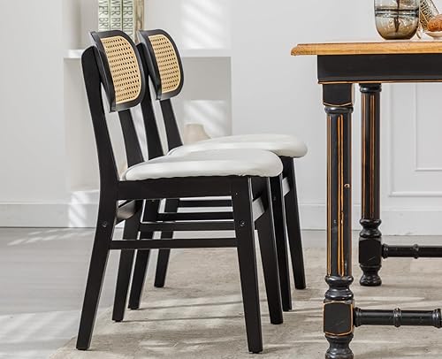 Miniatura 6 de EALSON Juego de 2 sillas de comedor de ratán con respaldo curvado, sillas de comedor de madera modernas de mediados de siglo, sillas de cocina de