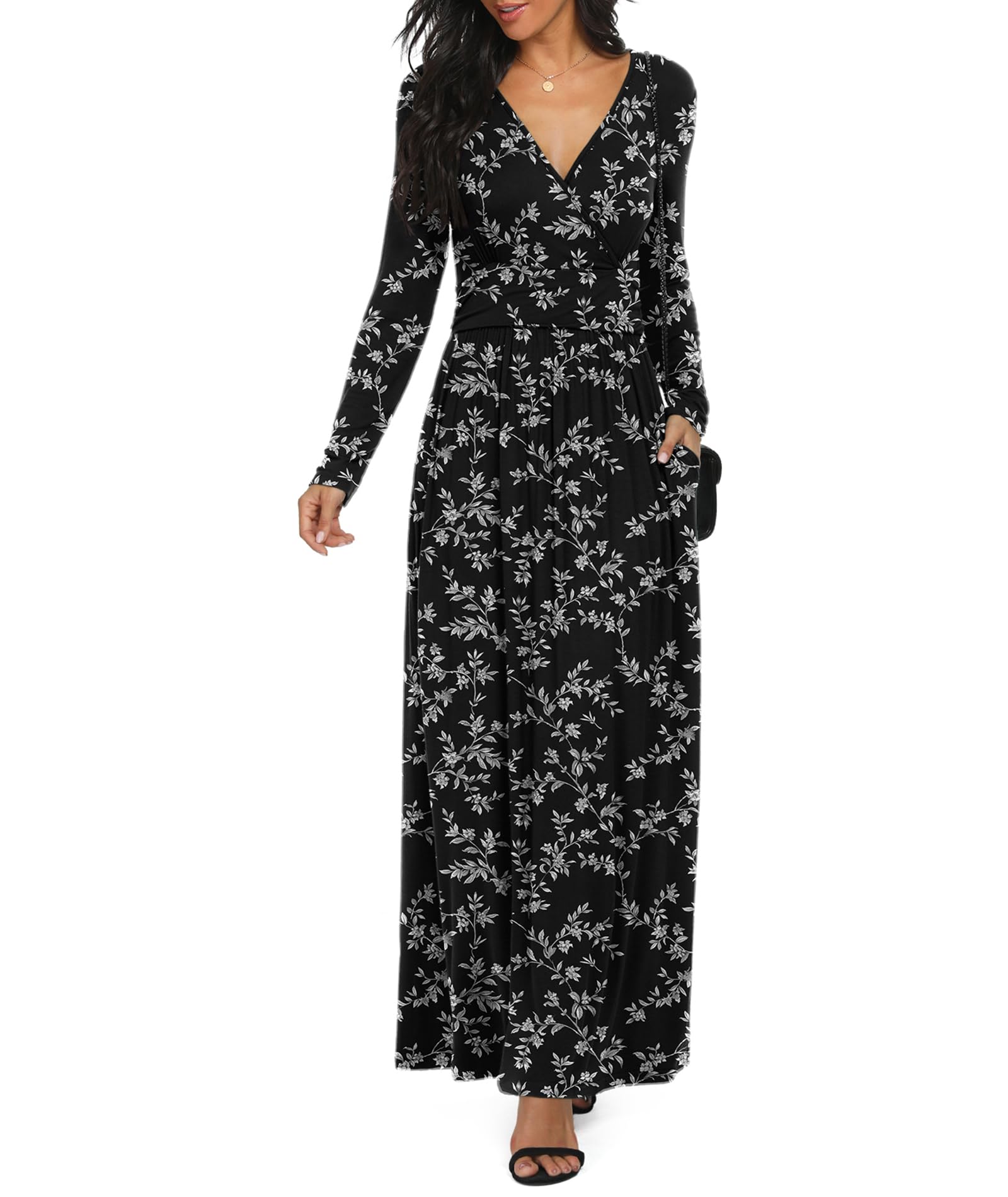 LILBETTER Women Long Sleeve Deep V Neck Loose Plain Long Maxi Casual Dress