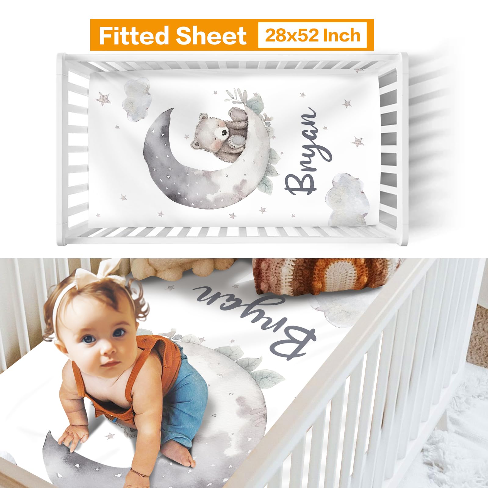 Juego de ropa de cama personalizado para cuna de bebé, juego de 3 piezas con nombre personalizado de animal lunar, manta suave y elegante, sábana, alfombra para gatear para recién nacidos,