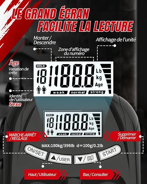 Dynamomètre Main Numérique Rechargeable USB-C, Testeur de Force de Préhension Haute Précision 180 kg, Écran LCD Intelligent, Mémoire 19 Utilisateurs, pour Sport, Rééducation et Santé - 3