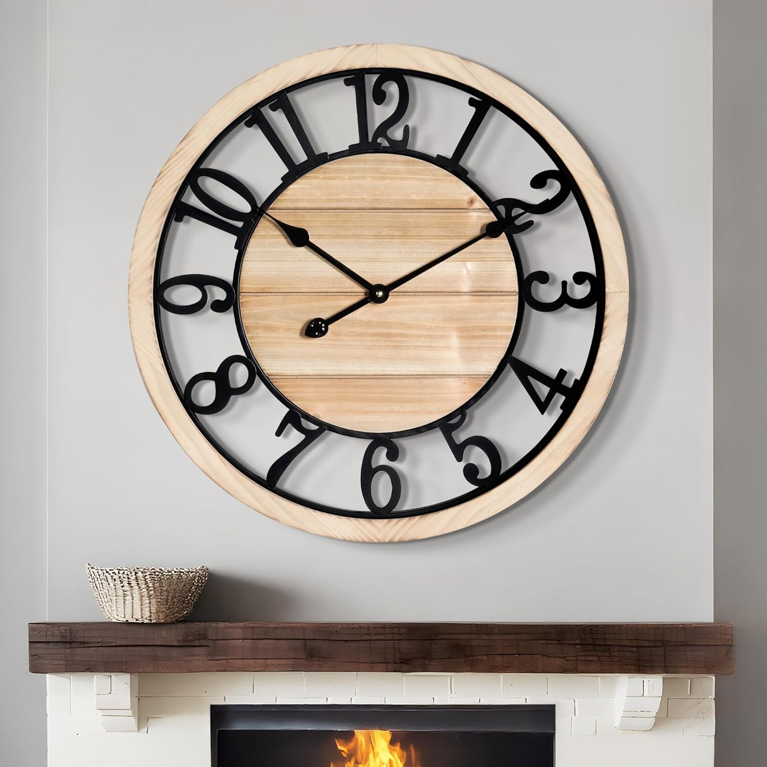 LEIKE 24 Inch Large Wall Clock - Rustic Wooden Silent Non-Ticking Wall Clock with Black Metal Frame, Vintage Farmhouse Decorative for Living Room, Bedroom, Kitchen - Arabic Numerals, Modern Design 24 inch Arabic Numerals