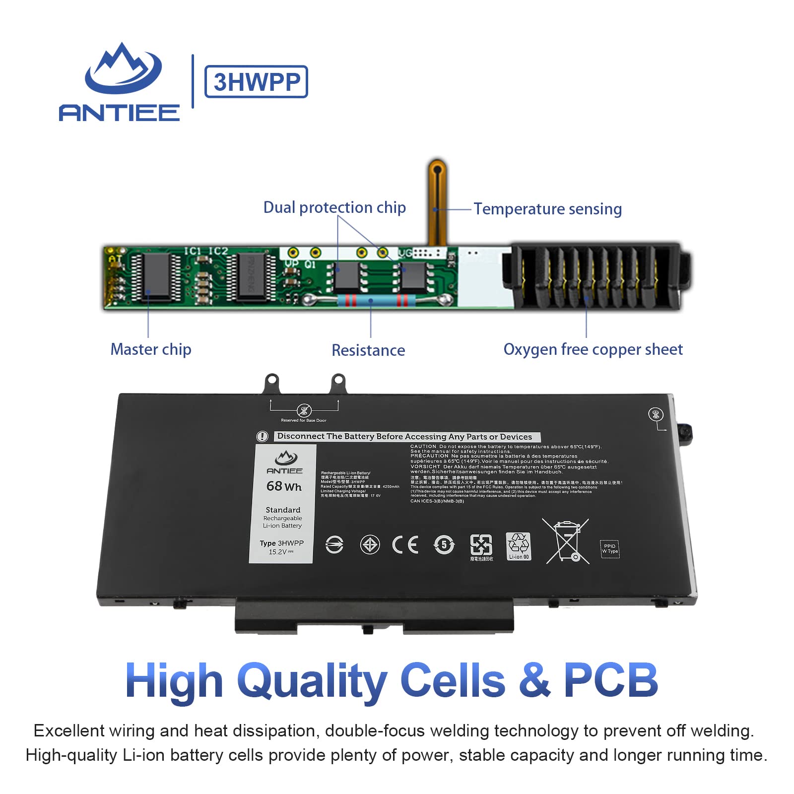Accumulateur Portable 15.2V Batterie 15.2V/68Wh ASUNCELL Pour Dell Latitude 5401/5411/5501/5511 - 4 Cellules Lithium Remplacement Batterie 3HWPP 10X1J